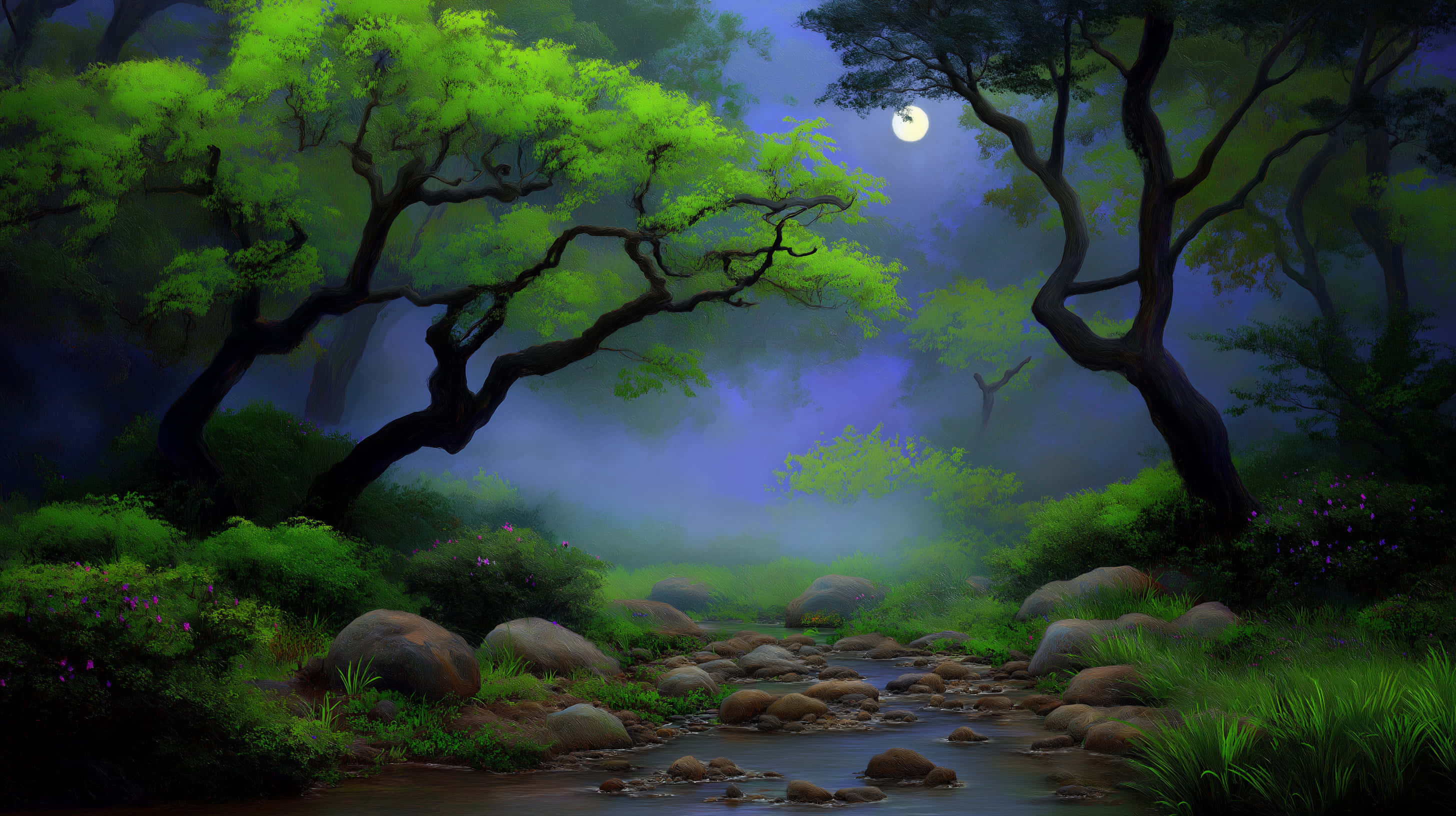 moonlit forest stream, mystical nocturnal landscape, twisted trees, 2K Desktop Wallpaper