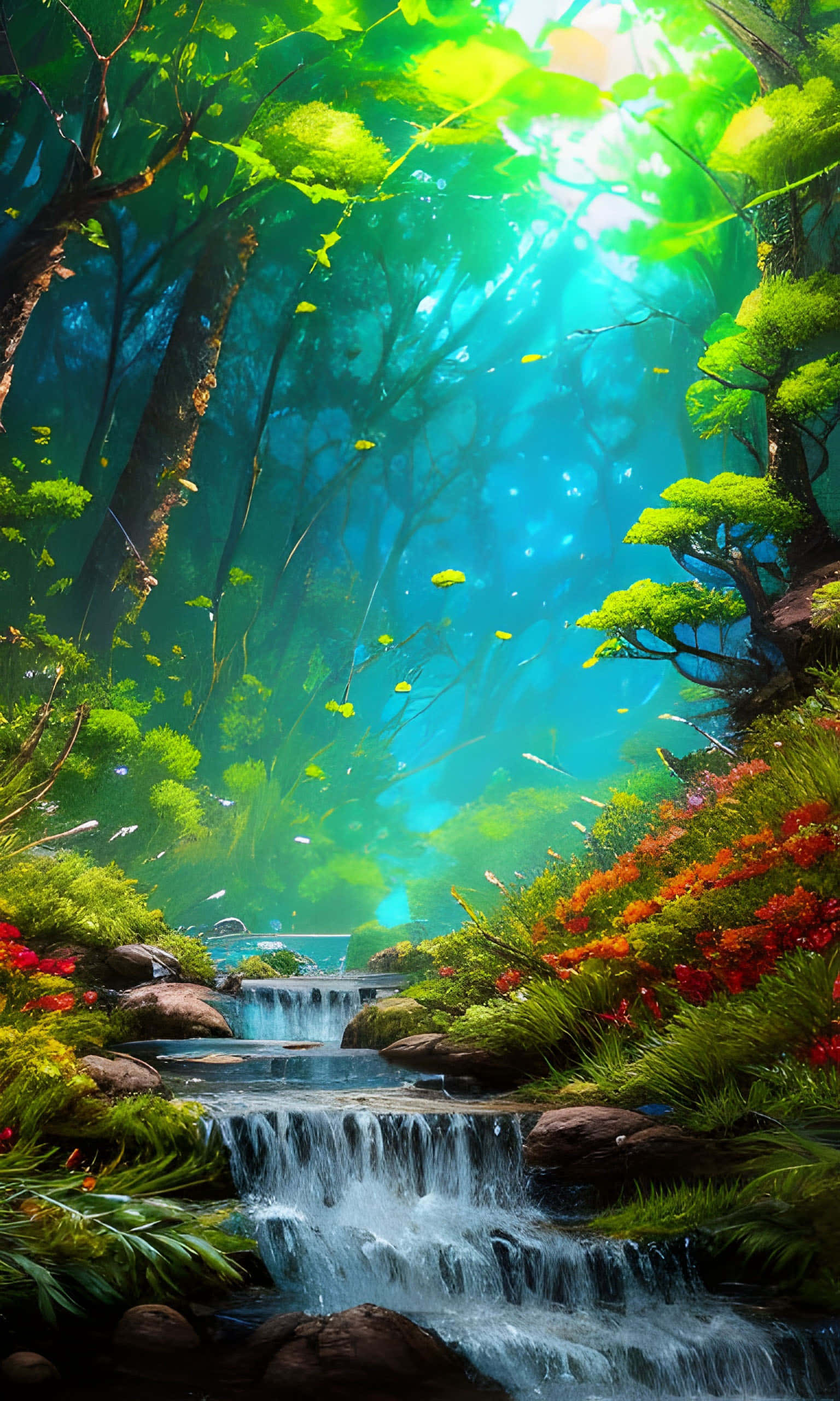 forest, river, waterfall, 2K Phone Wallpaper