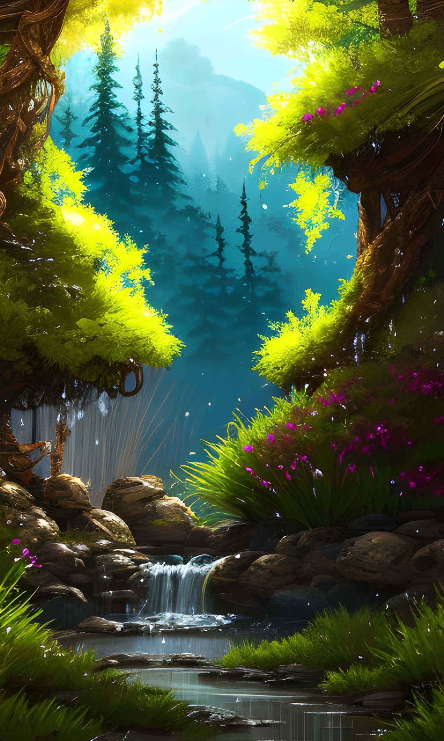 forest, river, waterfall, 2K Phone Wallpaper