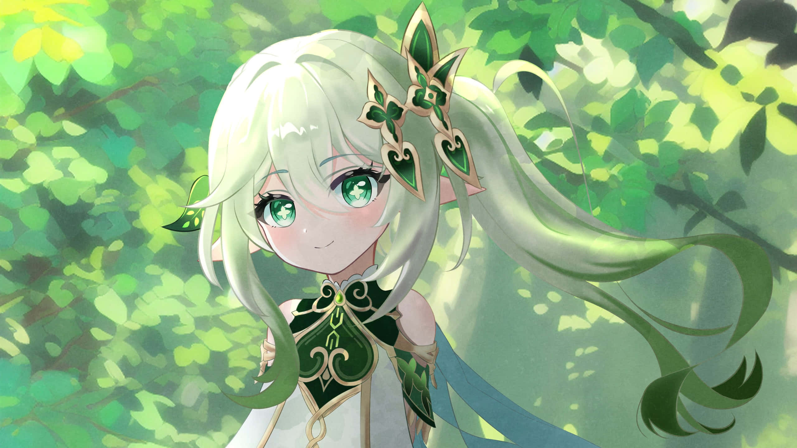 ethereal forest spirit, anime girl, long white hair, 2K Desktop Wallpaper