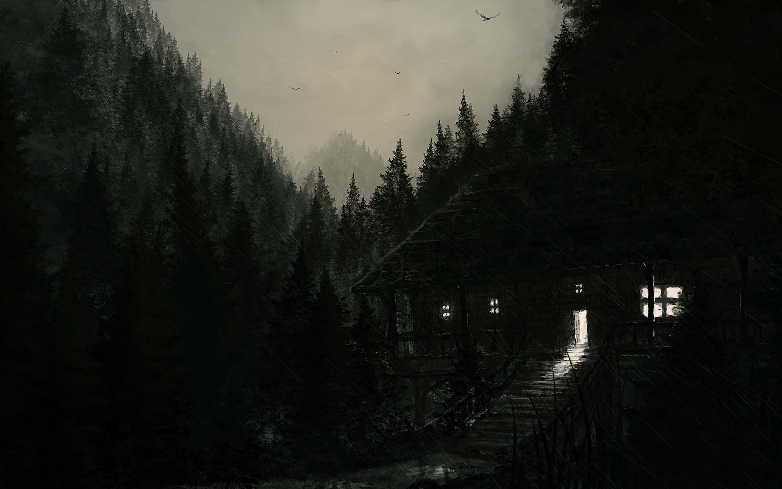 mystic forest, cabin, night, 2K Desktop Wallpaper