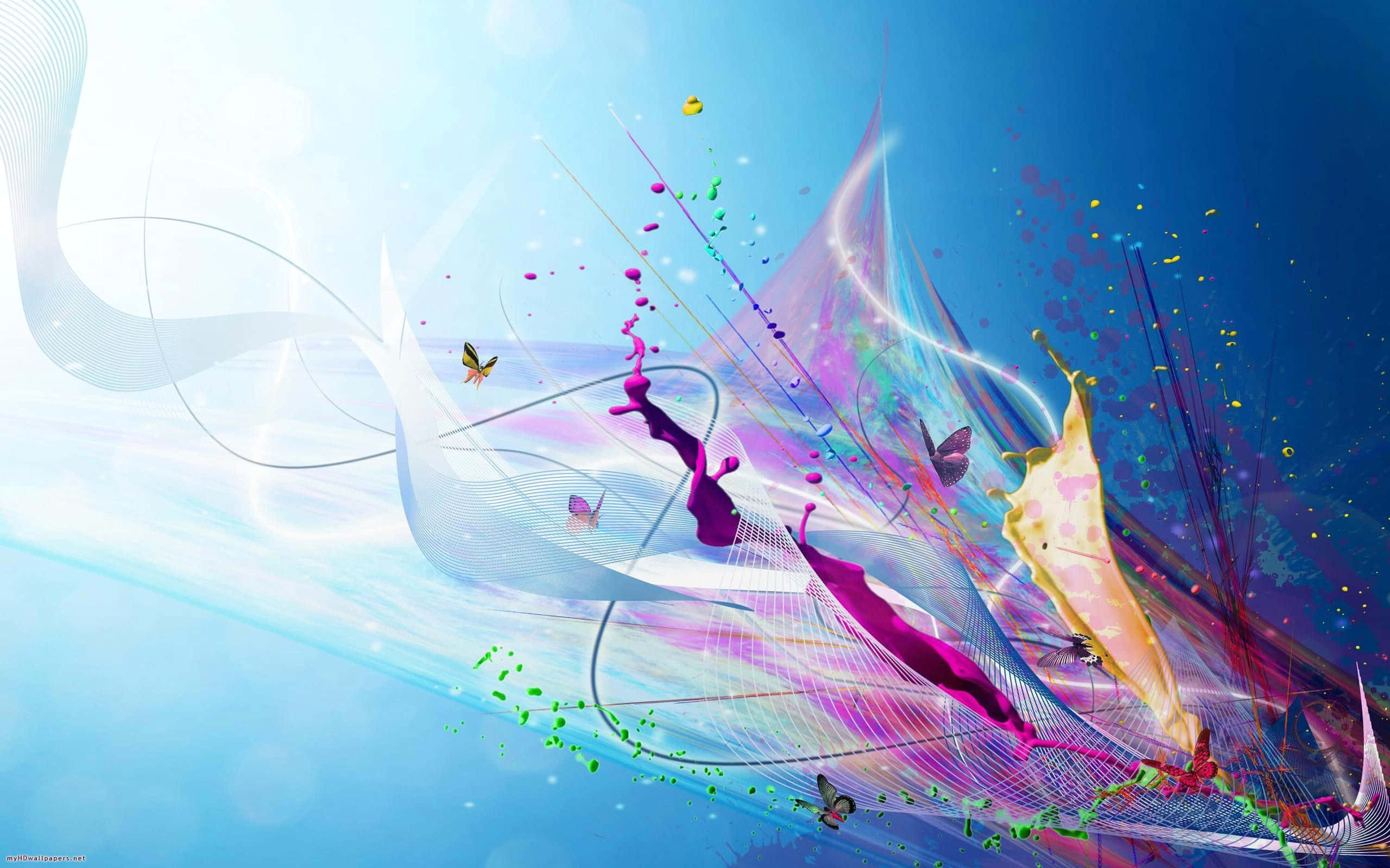 vibrant abstract digital artwork, swirling paint splashes, butterflies, 2K Desktop Wallpaper