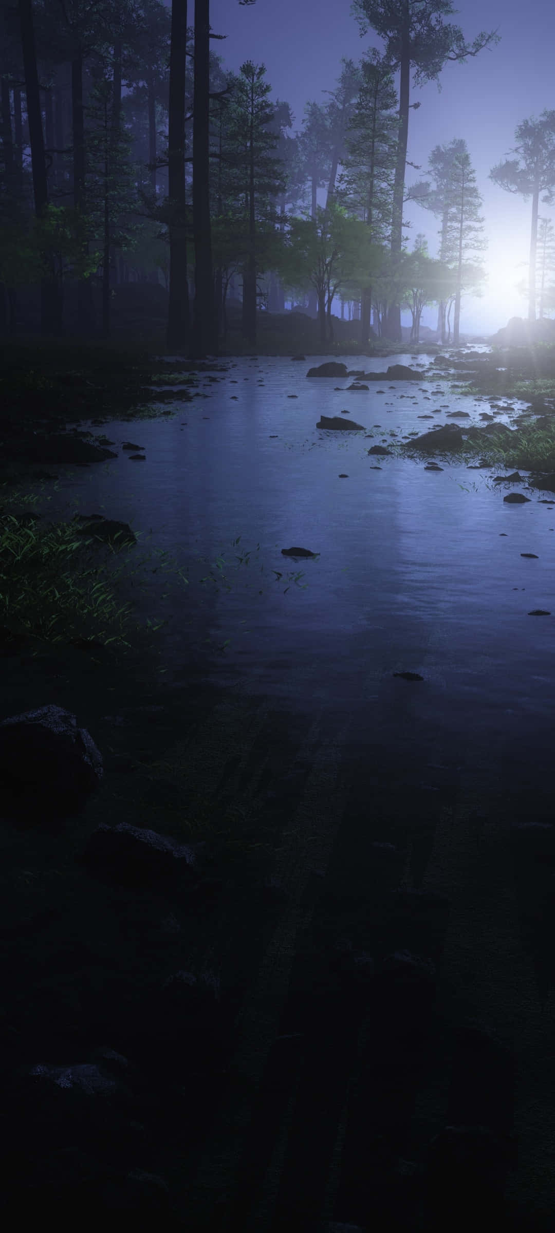 mystical forest, stream, twilight, Full HD Phone Wallpaper
