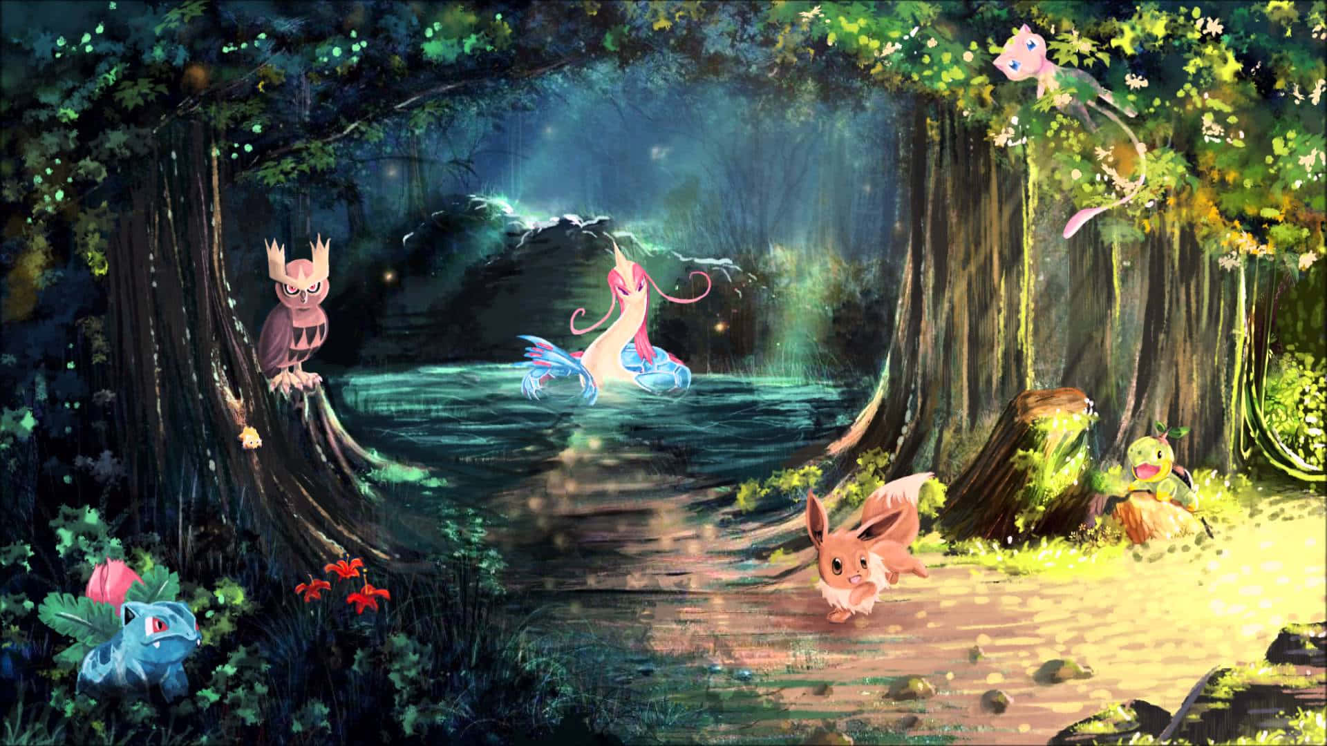 Enchanting Forest Scenery Wallpaper, glowing Pokémon, serene pond, Full HD Desktop Wallpaper