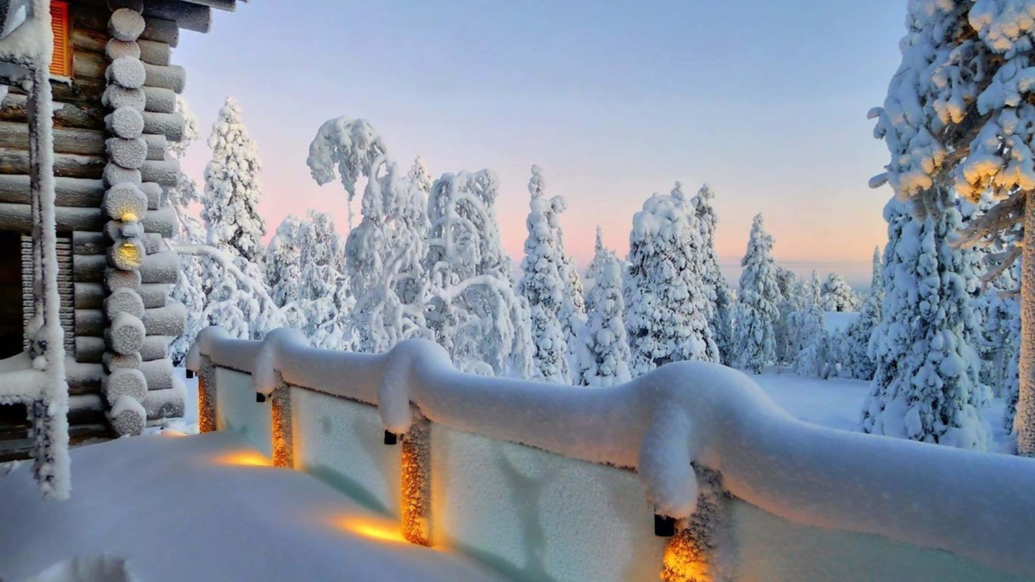 log cabin, snow-covered, string lights, 4K Desktop Wallpaper
