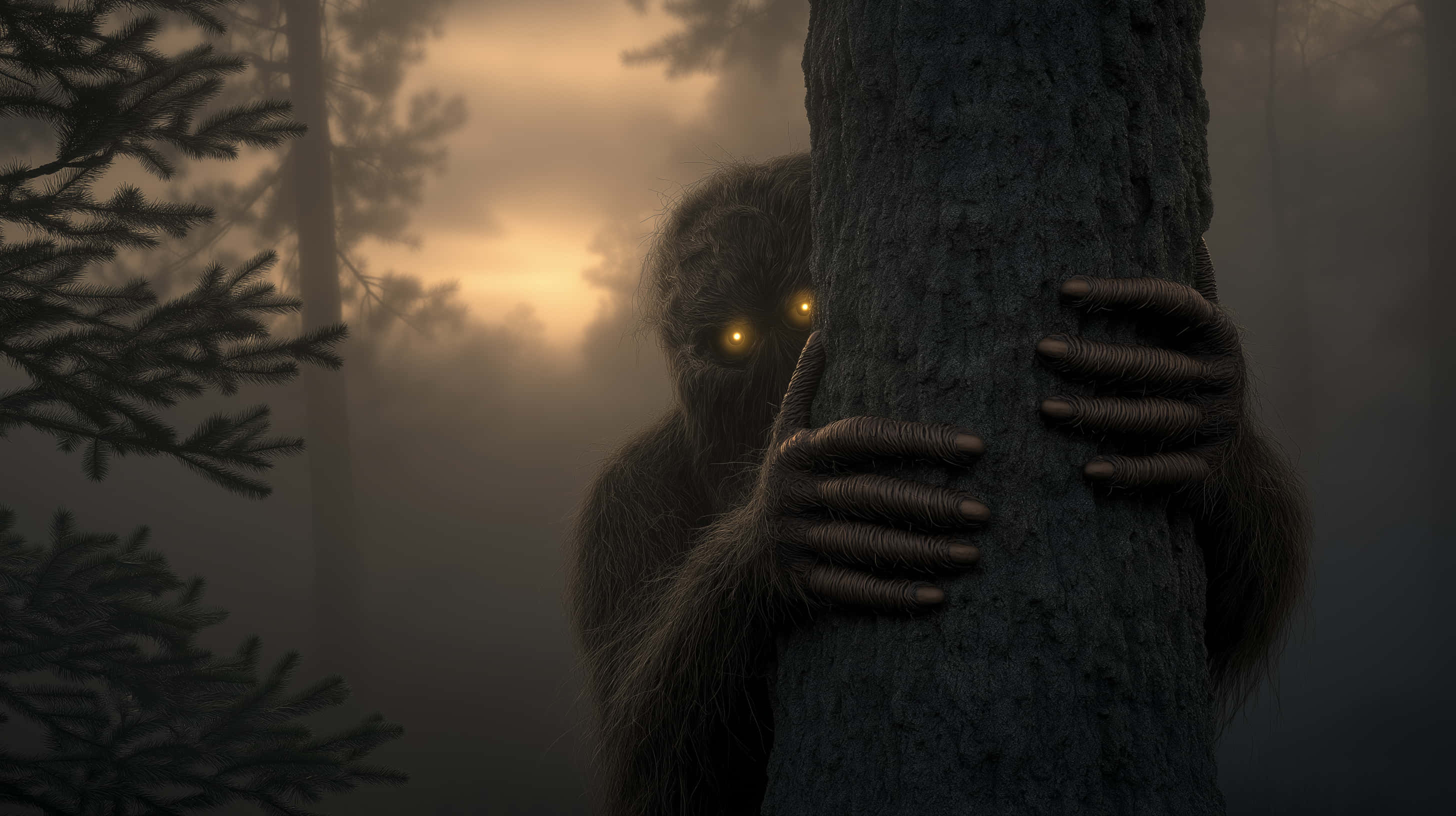 mysterious forest creature, glowing yellow eyes, misty forest, 2K Desktop Wallpaper
