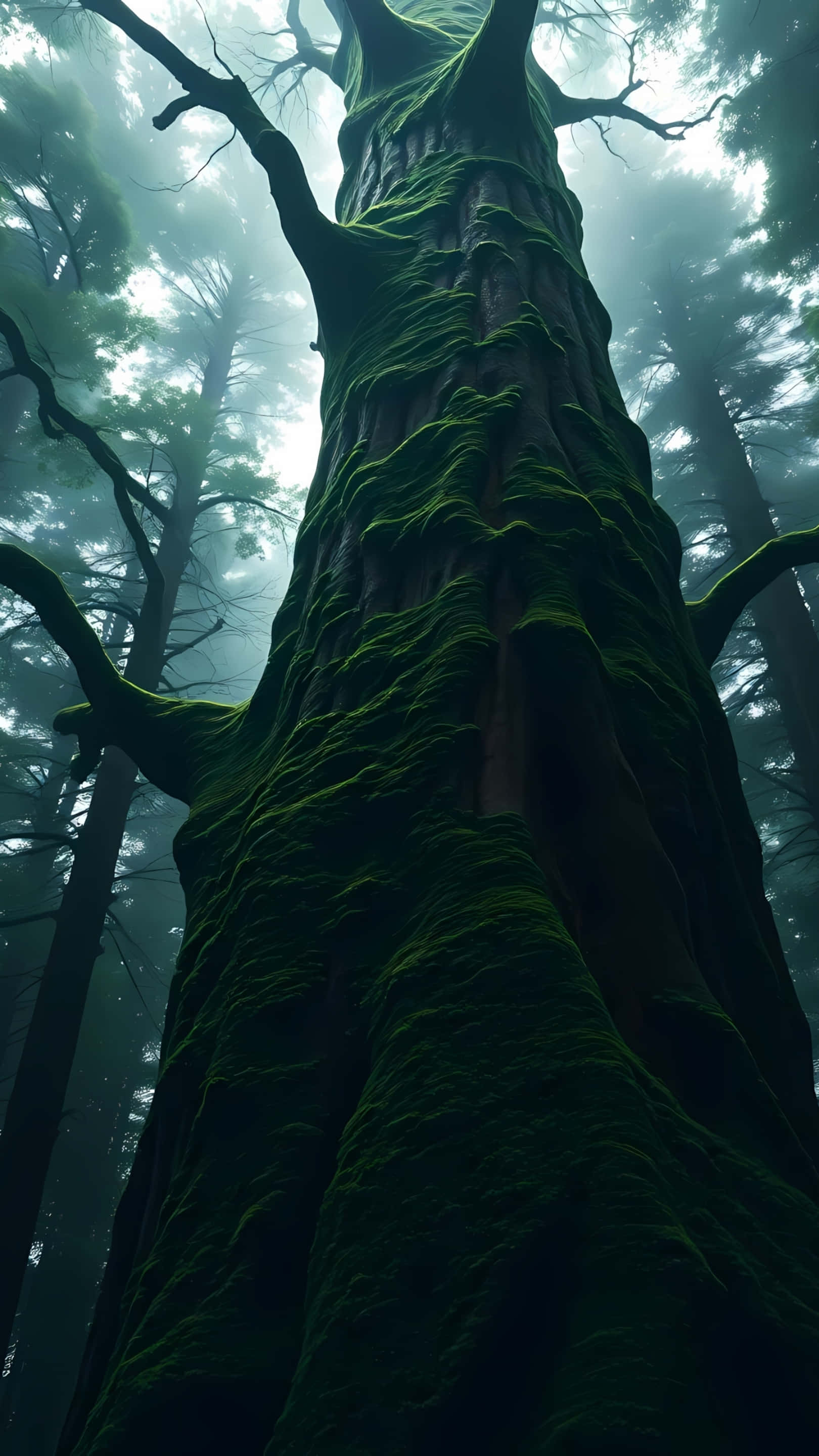 giant mossy tree, misty ancient forest, vibrant green moss, 2K Phone Wallpaper
