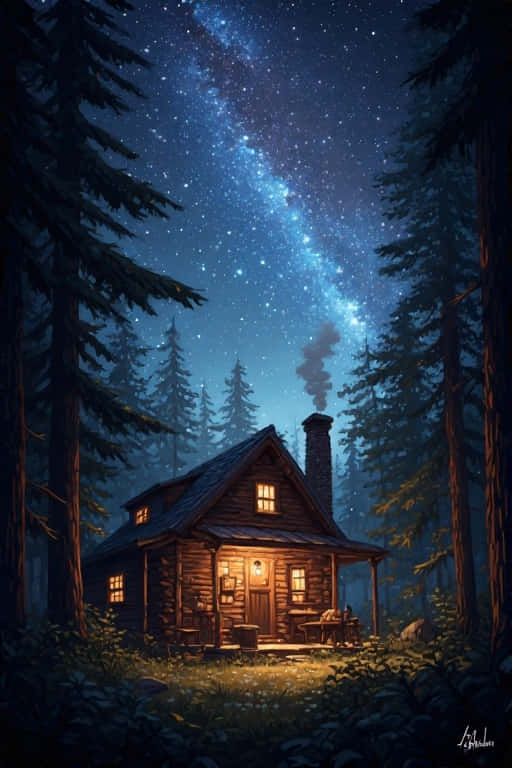 cozy wooden cabin, pine forest, vibrant starry night sky, SD Phone Wallpaper