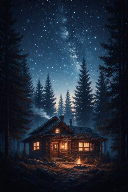 cozy log cabin, snowy forest, starry night sky, SD Phone Wallpaper
