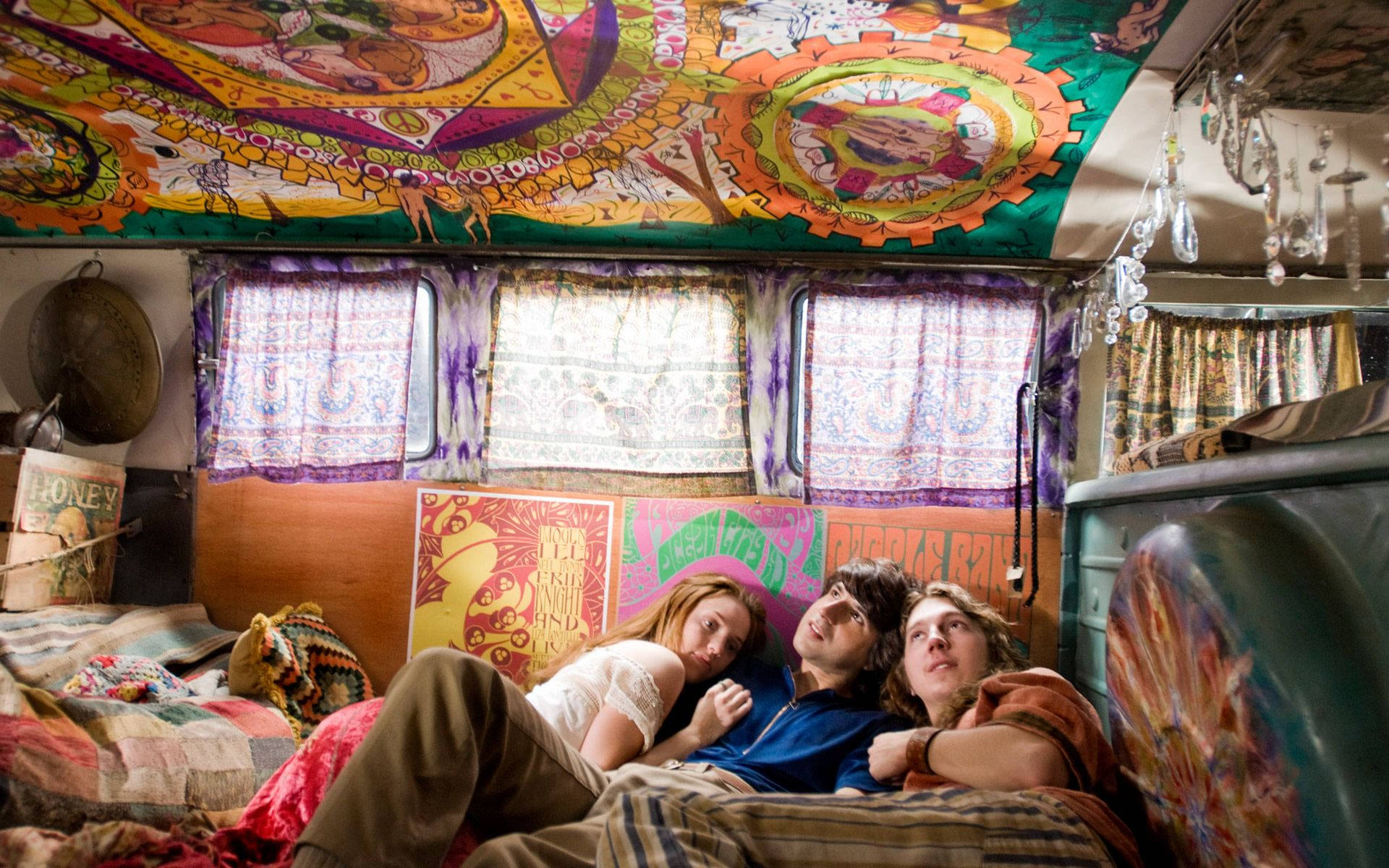 Woodstock, psychedelic tapestries, hanging crystals, Full HD Desktop Wallpaper