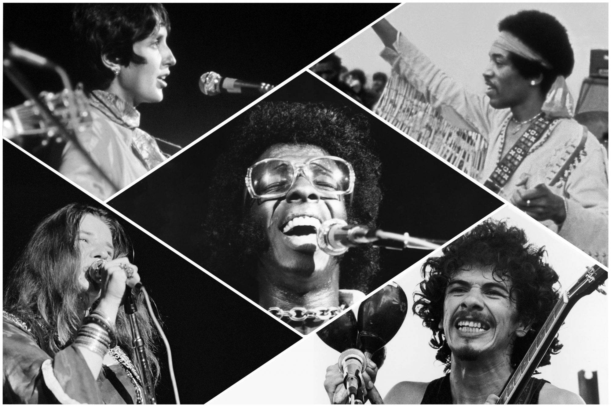 Woodstock, black and white collage, five joyful musicians, Full HD Desktop Wallpaper