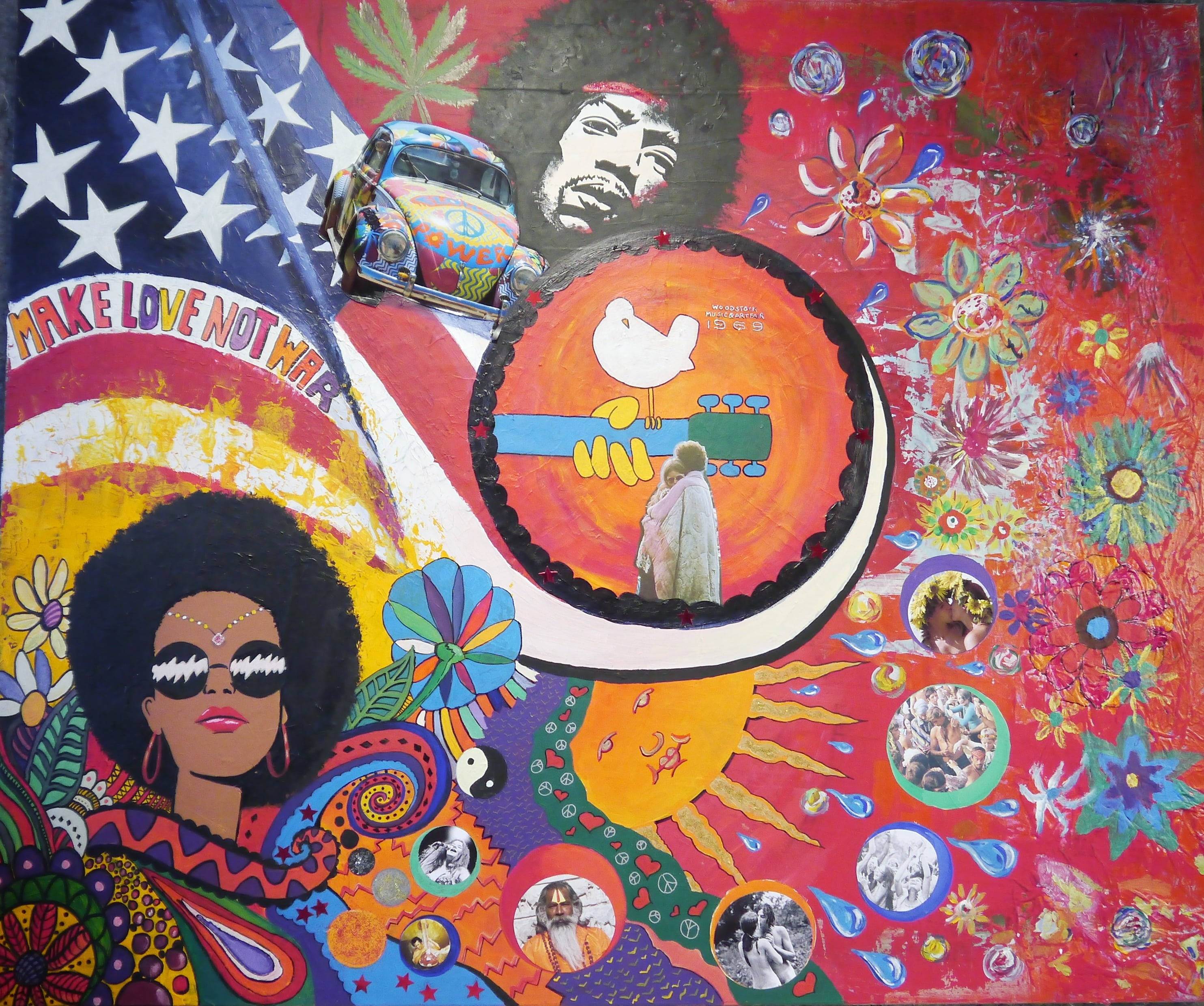 Woodstock, psychedelic mural, flowers, 2K Desktop Wallpaper