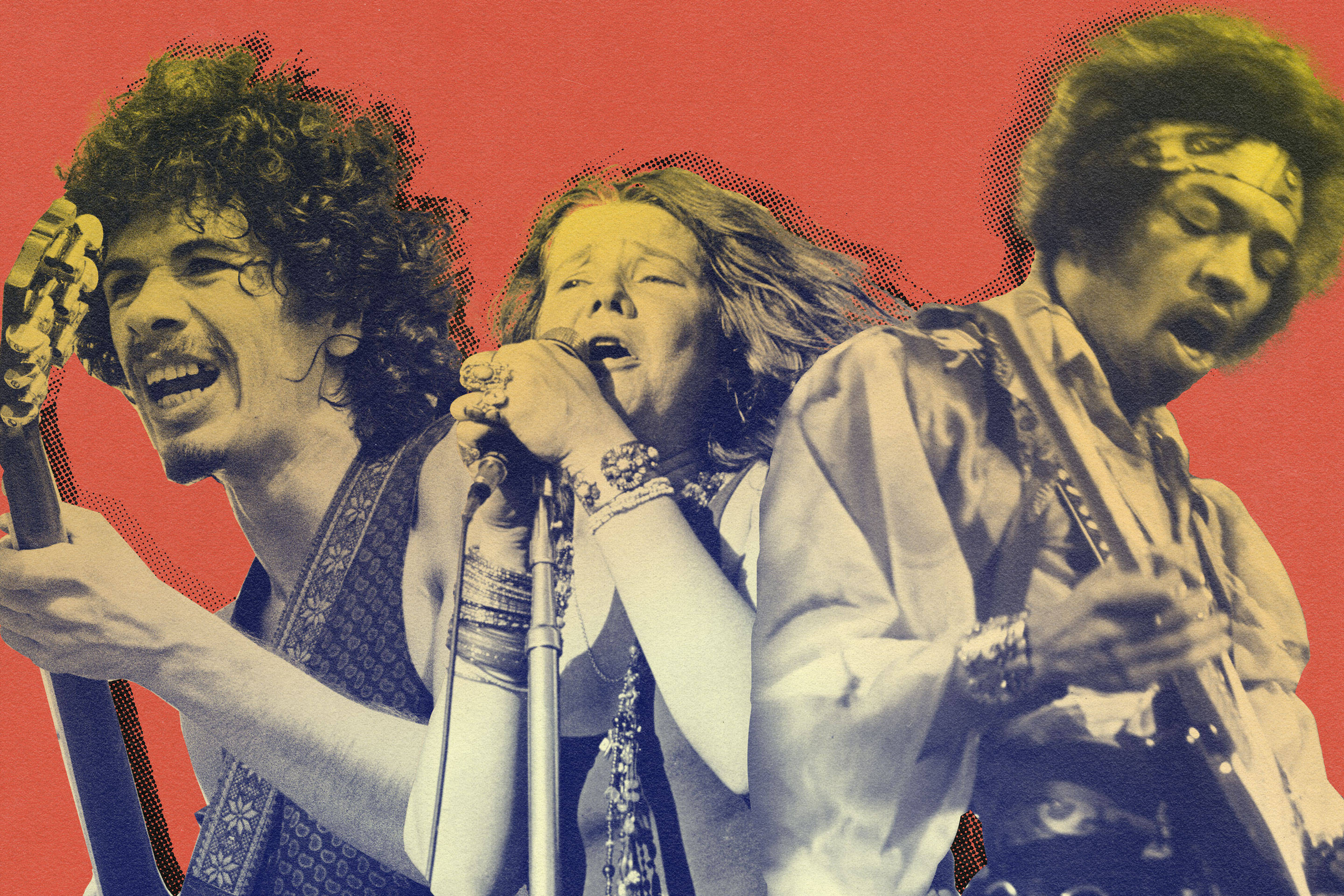 Woodstock, psychedelic rock musicians, bold red background, 2K Desktop Wallpaper