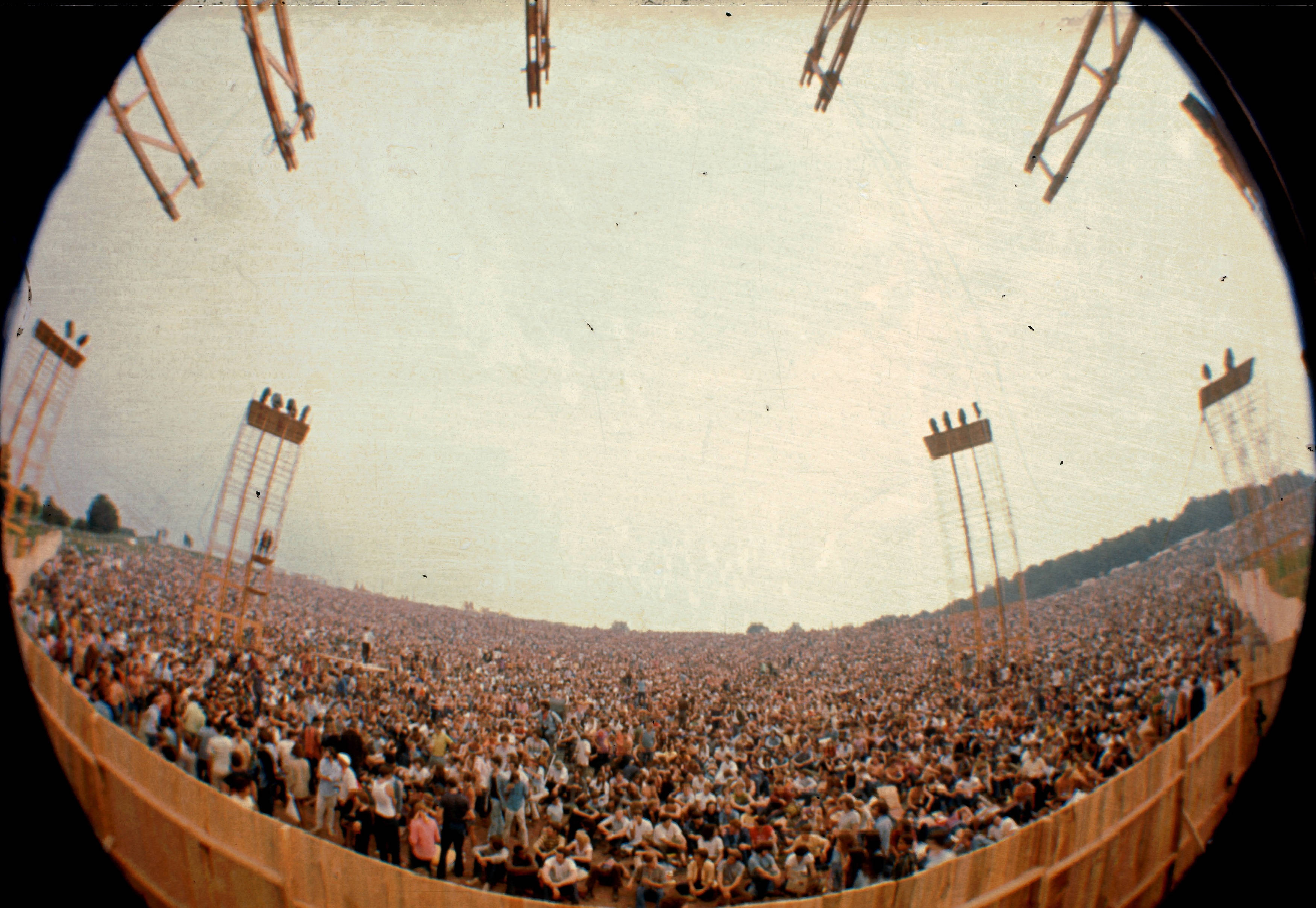 Woodstock, fish eye lens, massive crowd, 2K Desktop Wallpaper