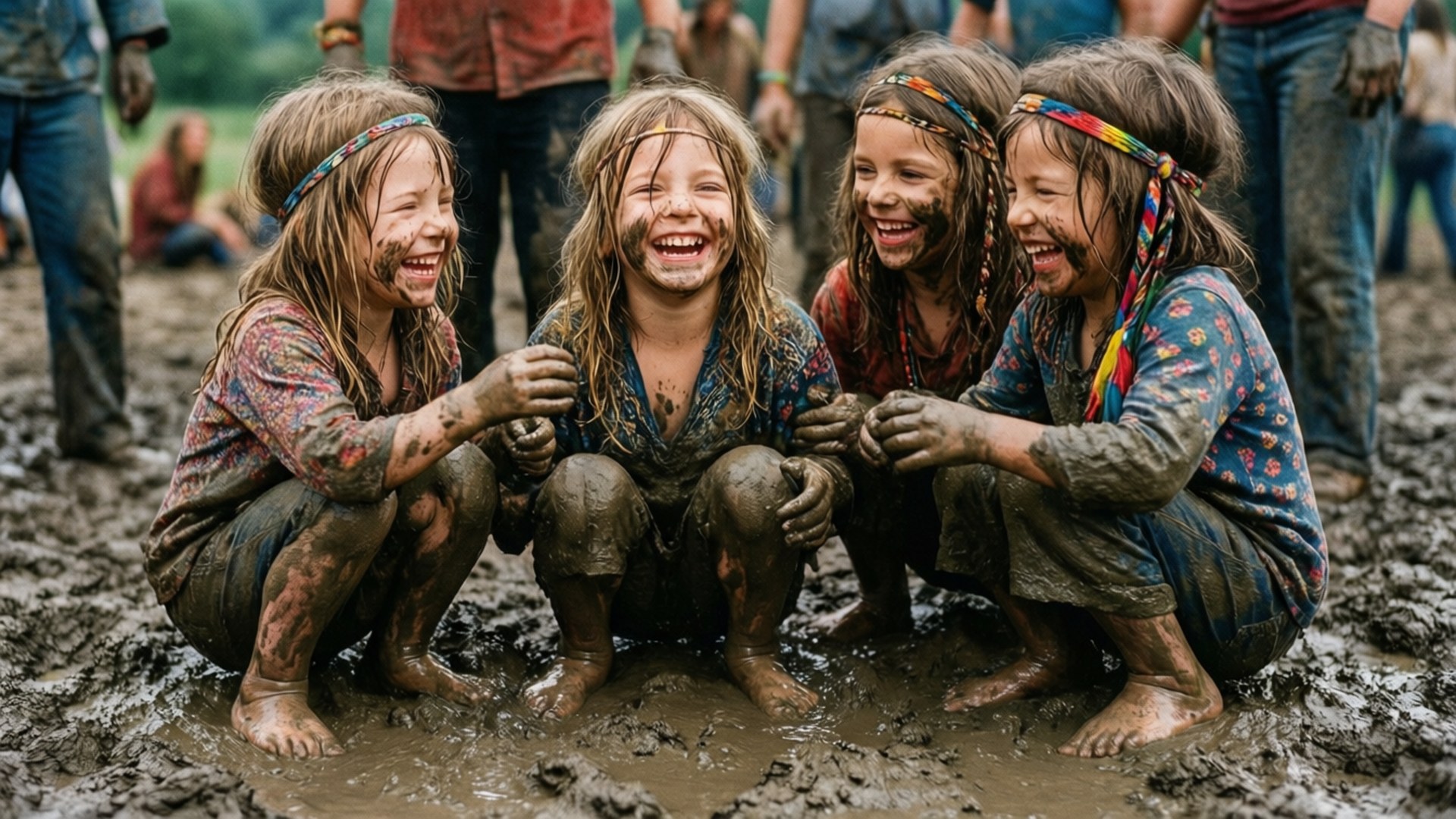 Woodstock, muddy children, wet field, Full HD Desktop Wallpaper
