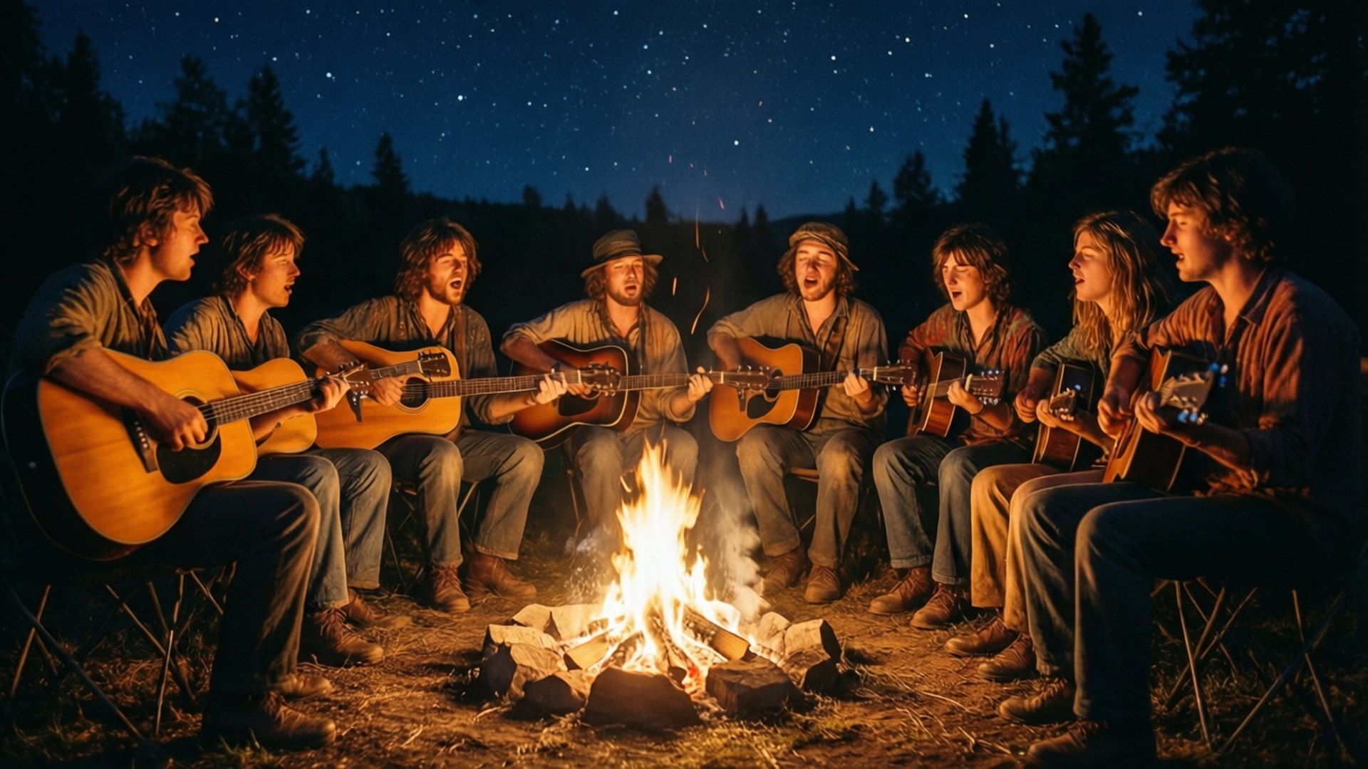 Woodstock, campfire, acoustic guitars, Full HD Desktop Wallpaper