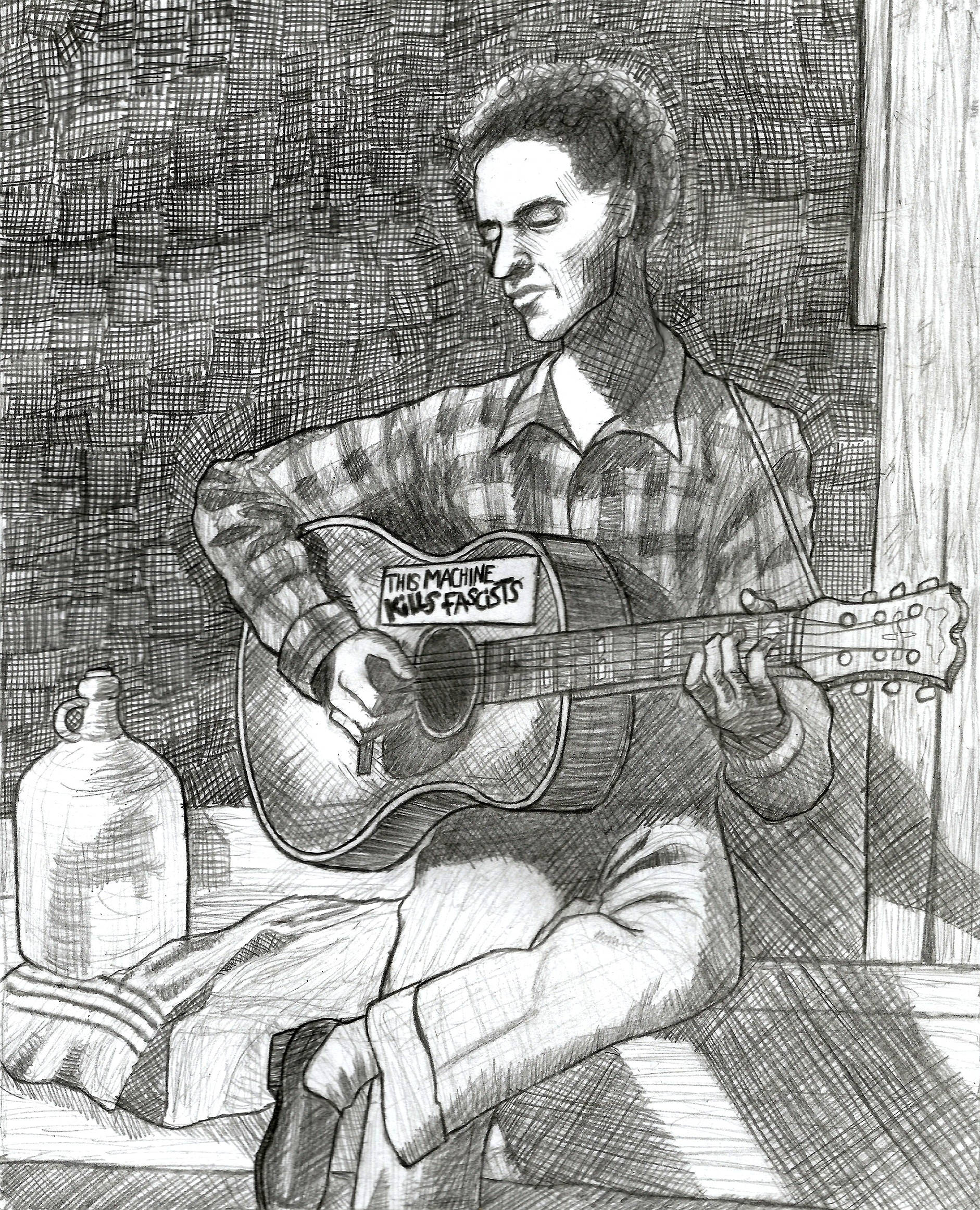 Woody Guthrie, plaid shirt, acoustic guitar, Full HD Phone Wallpaper