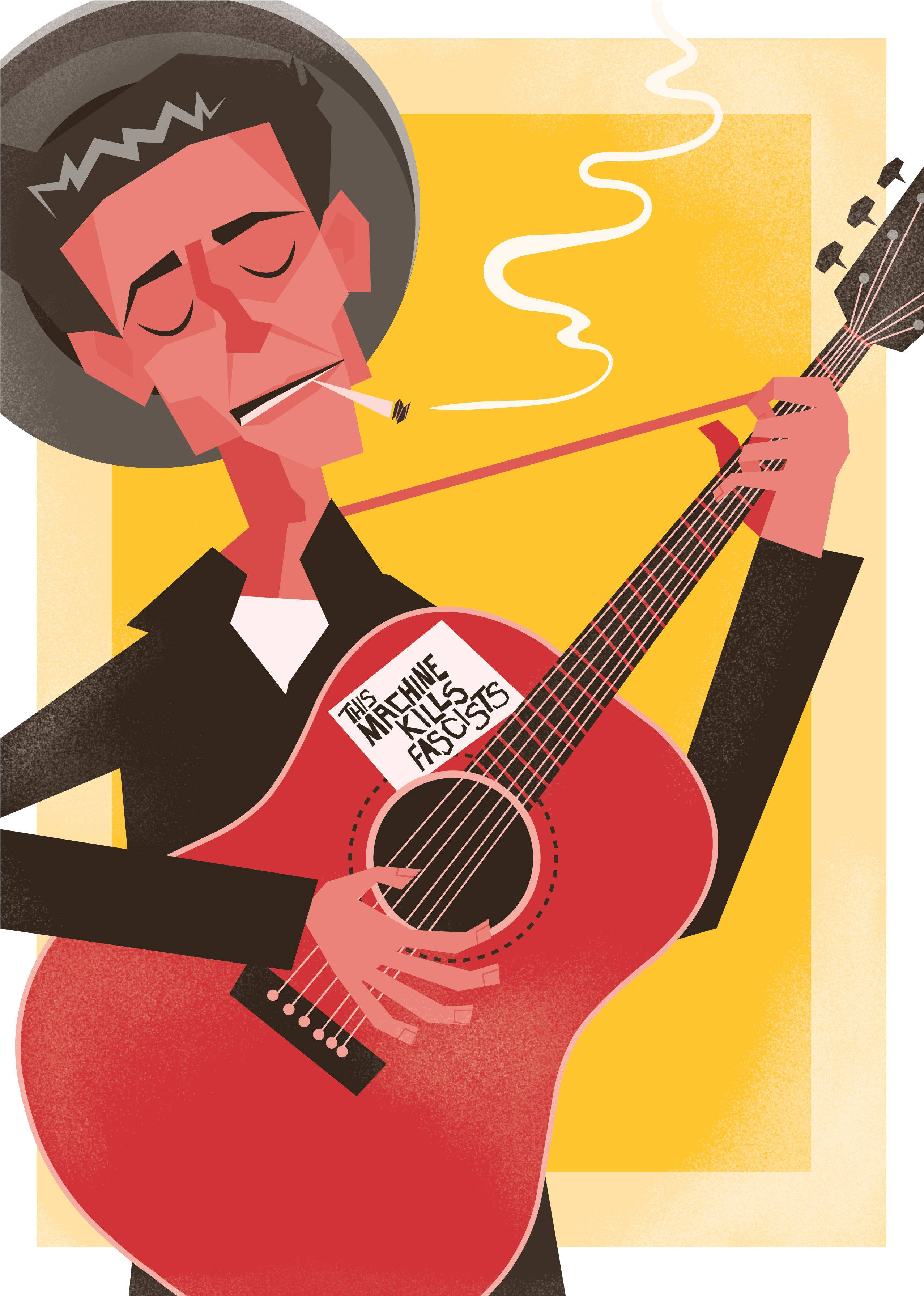 Woody Guthrie, red acoustic guitar, protest sticker, 2K Phone Wallpaper