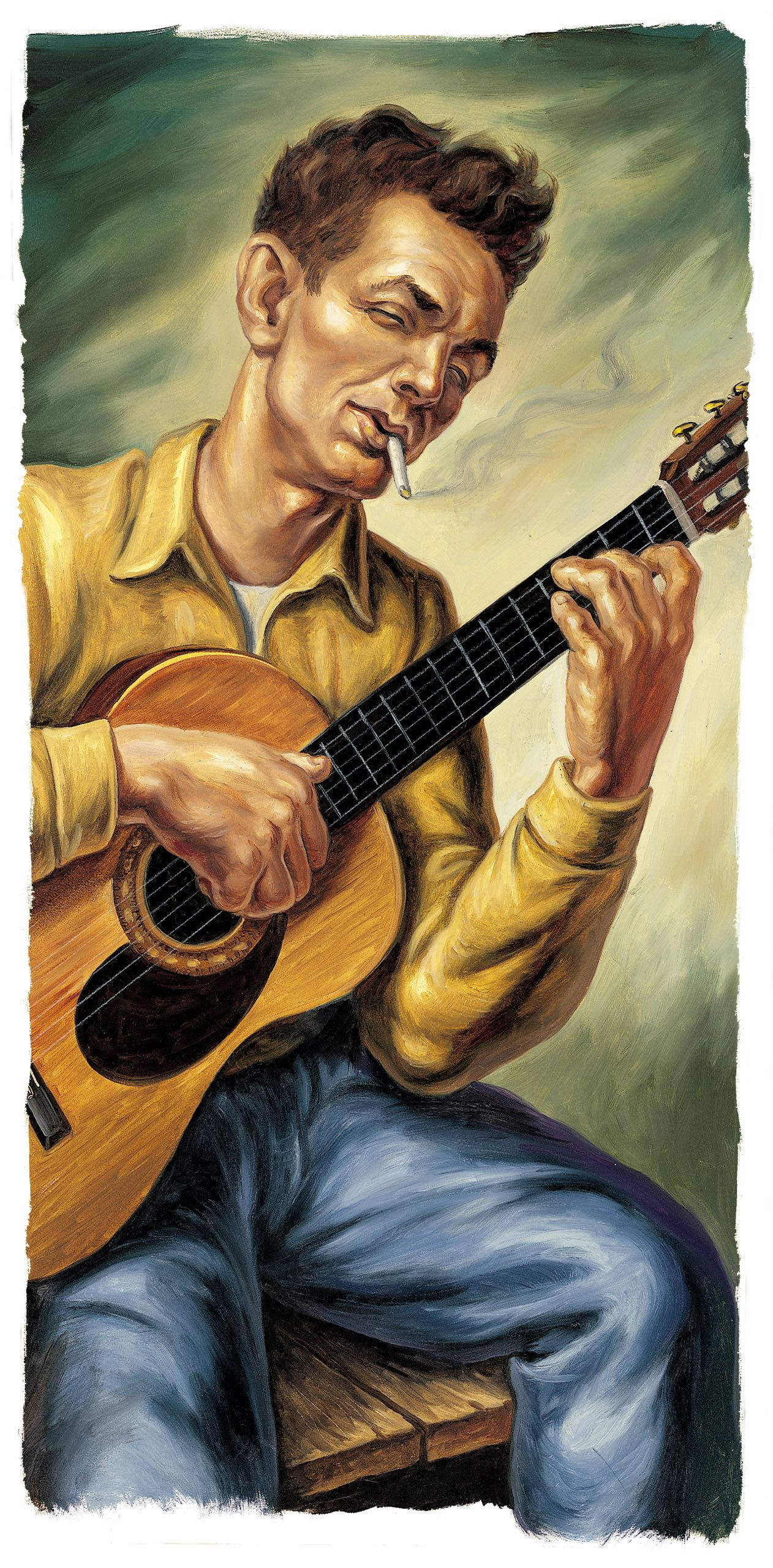 Woody Guthrie, yellow shirt, acoustic guitar, 2K Phone Wallpaper