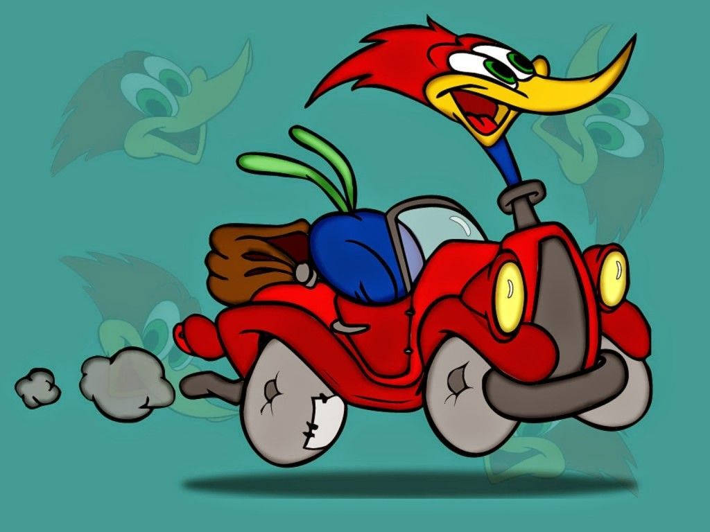 Woody Woodpecker, red car, smoke trails, SD Desktop Wallpaper