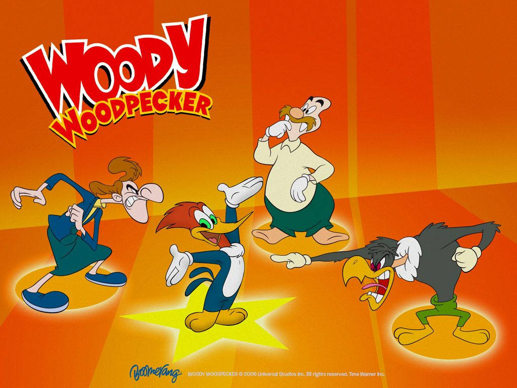 Woody Woodpecker, cartoon friends, vibrant orange gradient background, SD Desktop Wallpaper