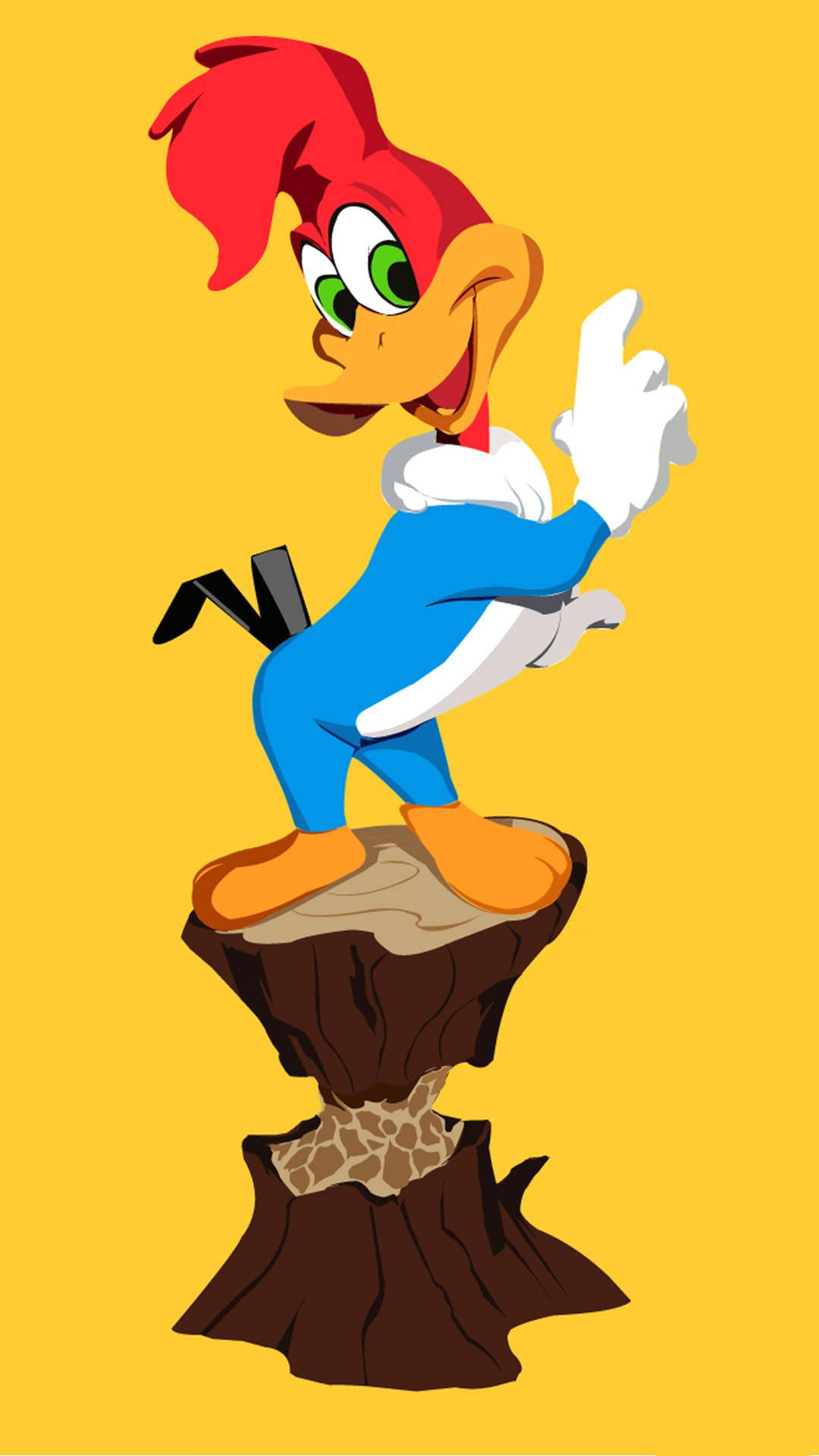 Woody Woodpecker, tree stump, solid yellow background, Full HD Phone Wallpaper