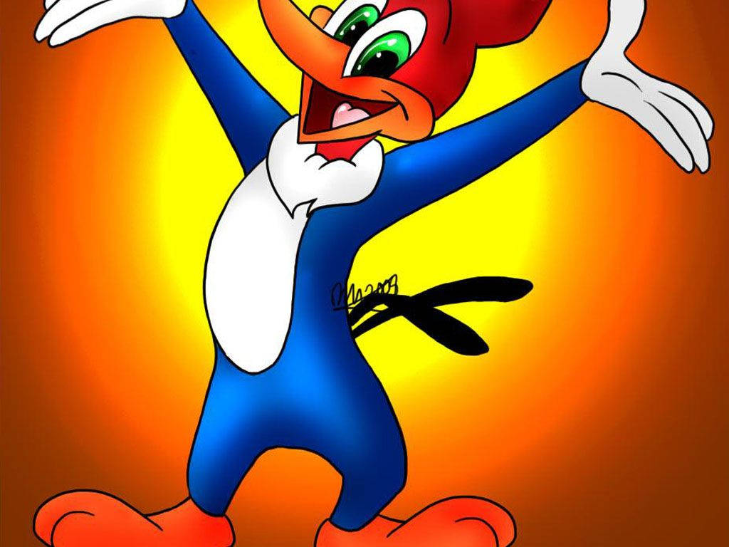 Woody Woodpecker, blue suit, orange and yellow gradient background, SD Desktop Wallpaper