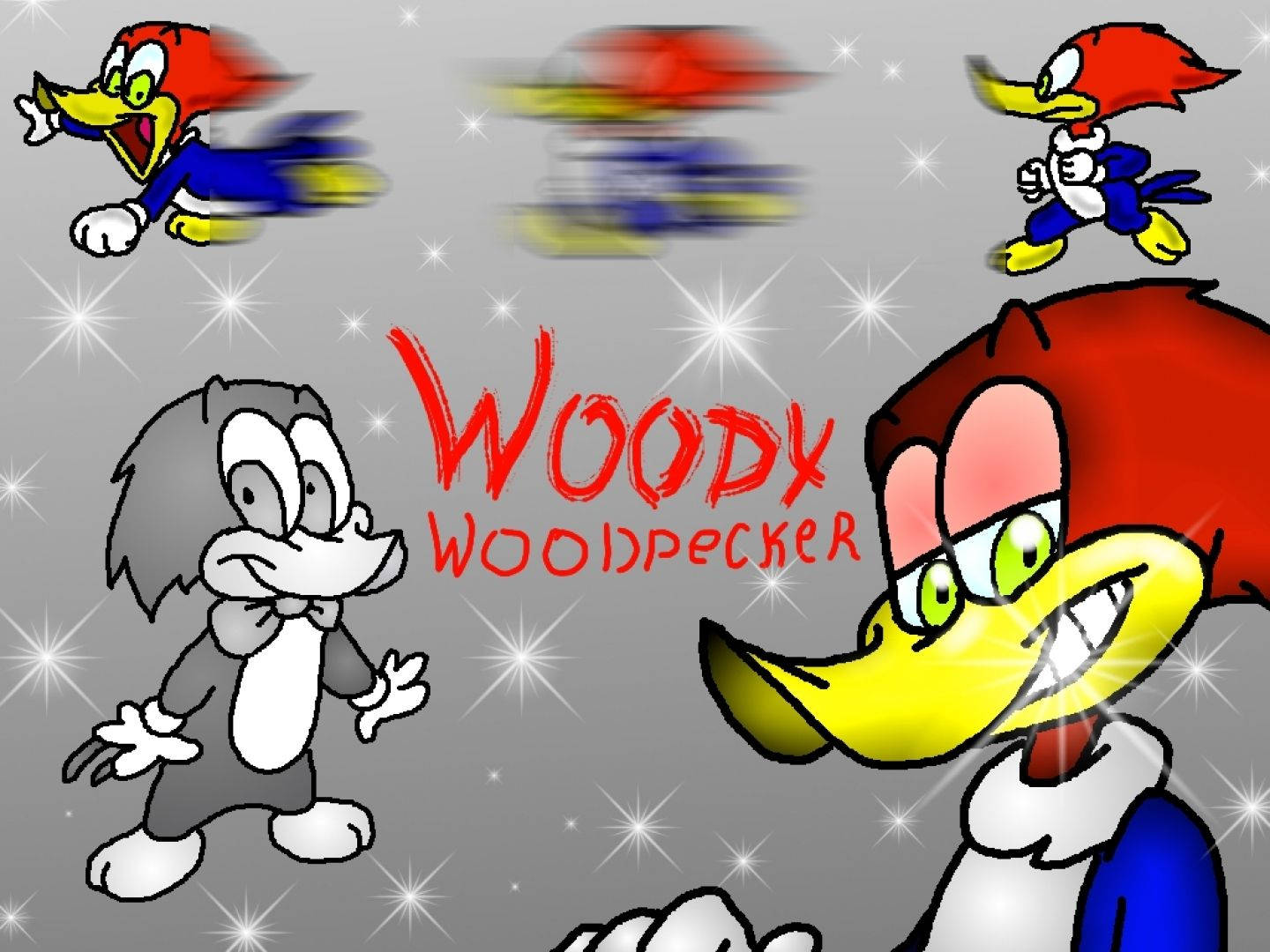 Woody Woodpecker, vibrant colors, grayscale poses, HD Desktop Wallpaper