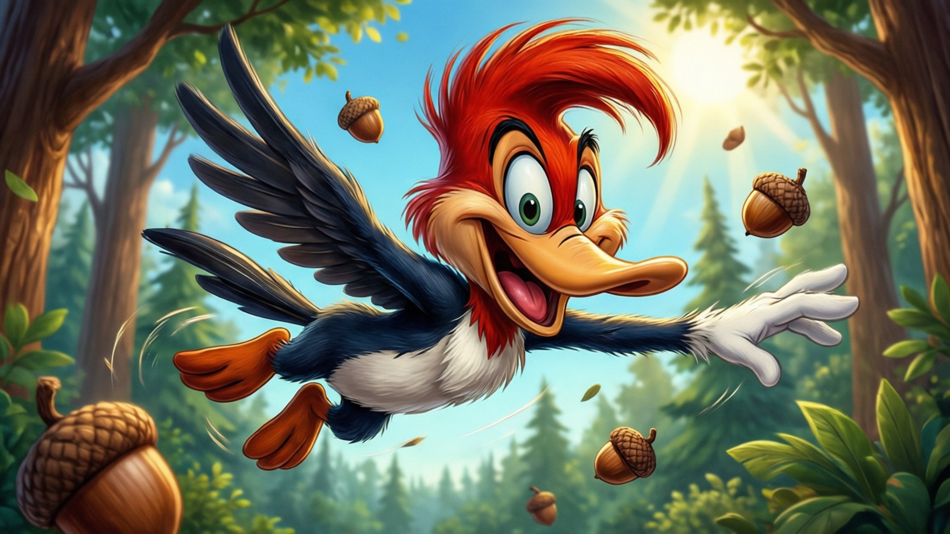 Woody Woodpecker, acorn chase, red crest, Full HD Desktop Wallpaper