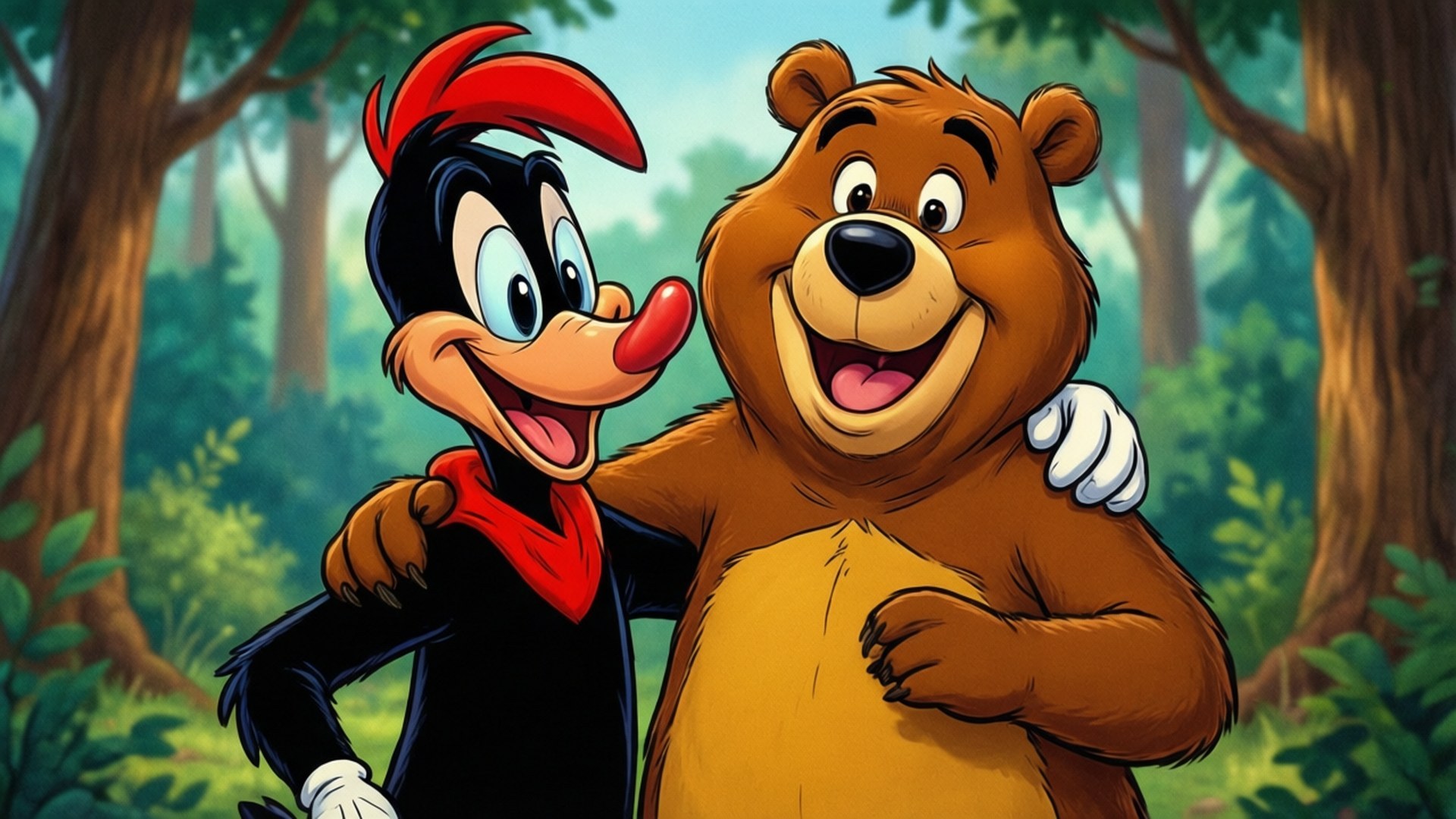 Woody Woodpecker, brown bear, sunlit forest, Full HD Desktop Wallpaper