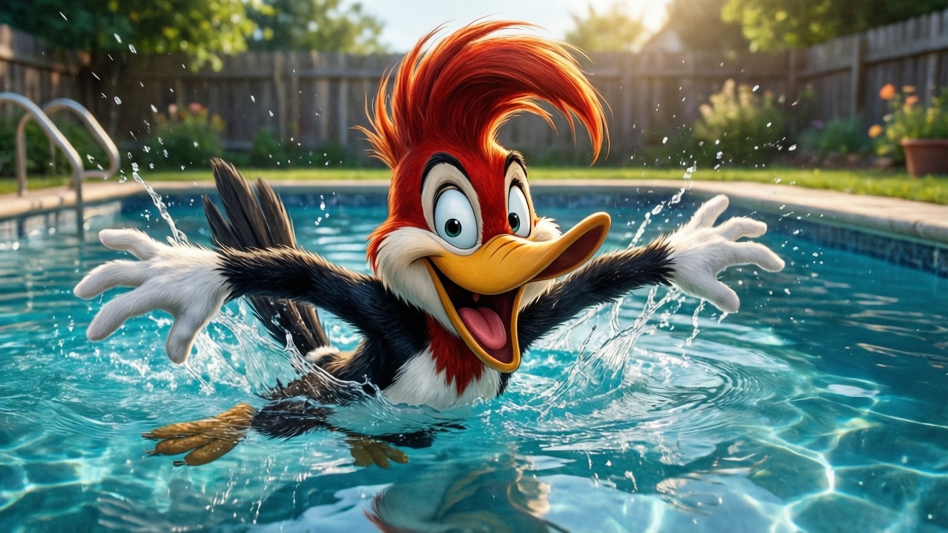 Woody Woodpecker, red crest, black white feathers, Full HD Desktop Wallpaper