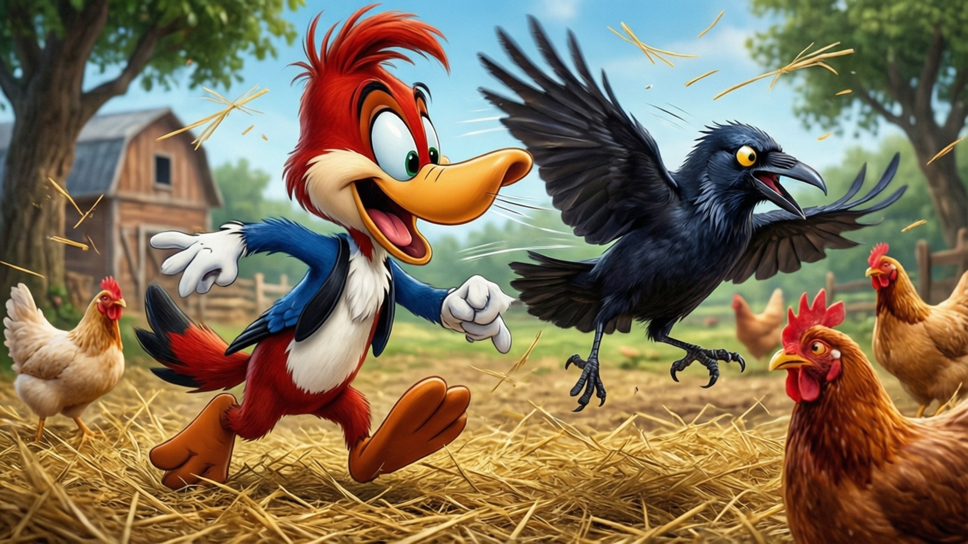 Woody Woodpecker, blue jacket, black crow, Full HD Desktop Wallpaper