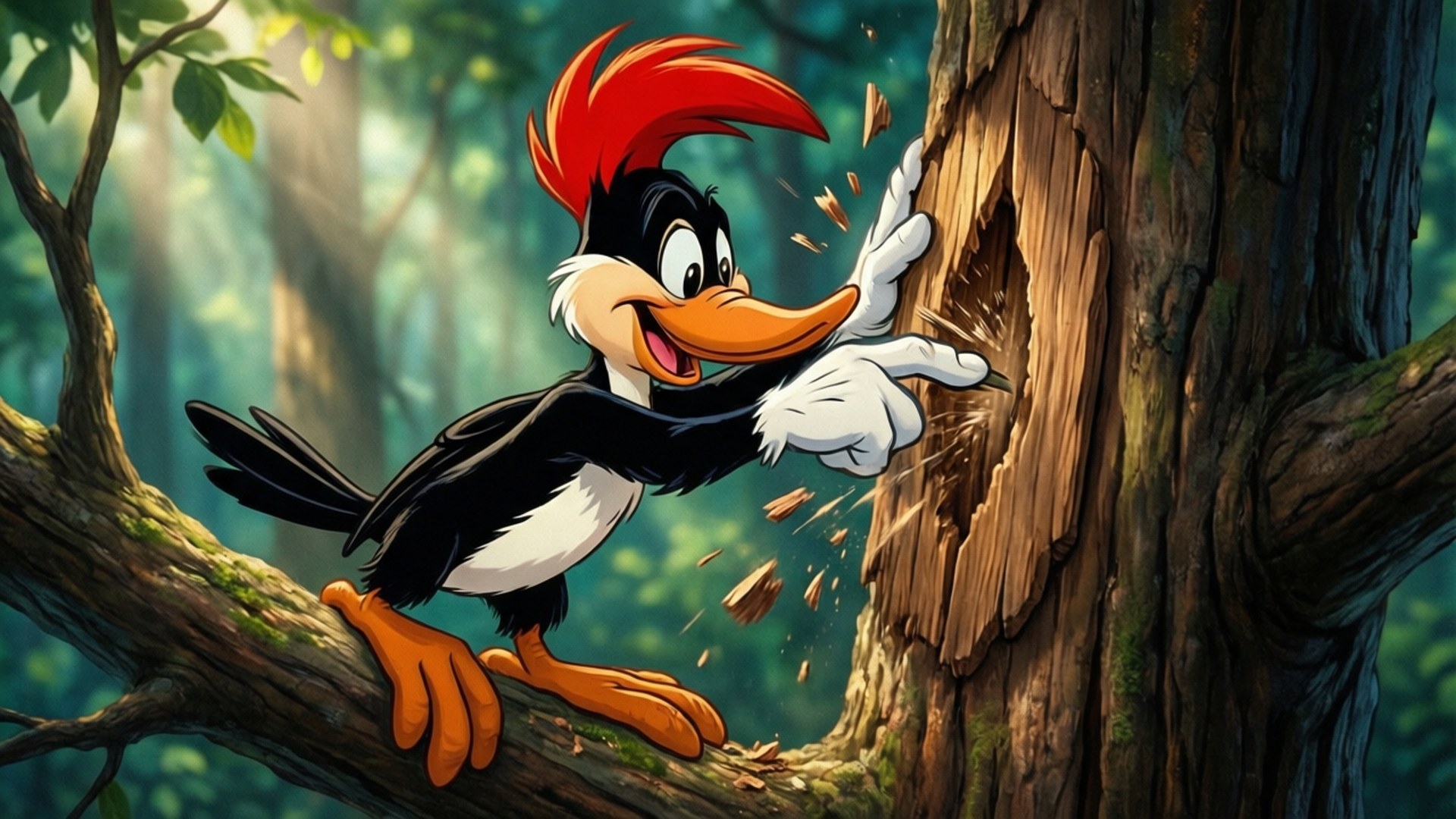 Woody Woodpecker, red crest, tree trunk, Full HD Desktop Wallpaper