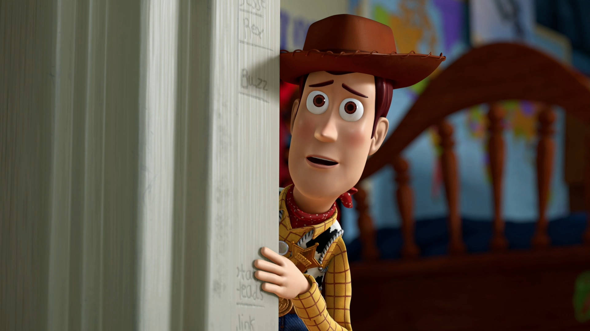 Woody, cowboy toy, white door, Full HD Desktop Wallpaper