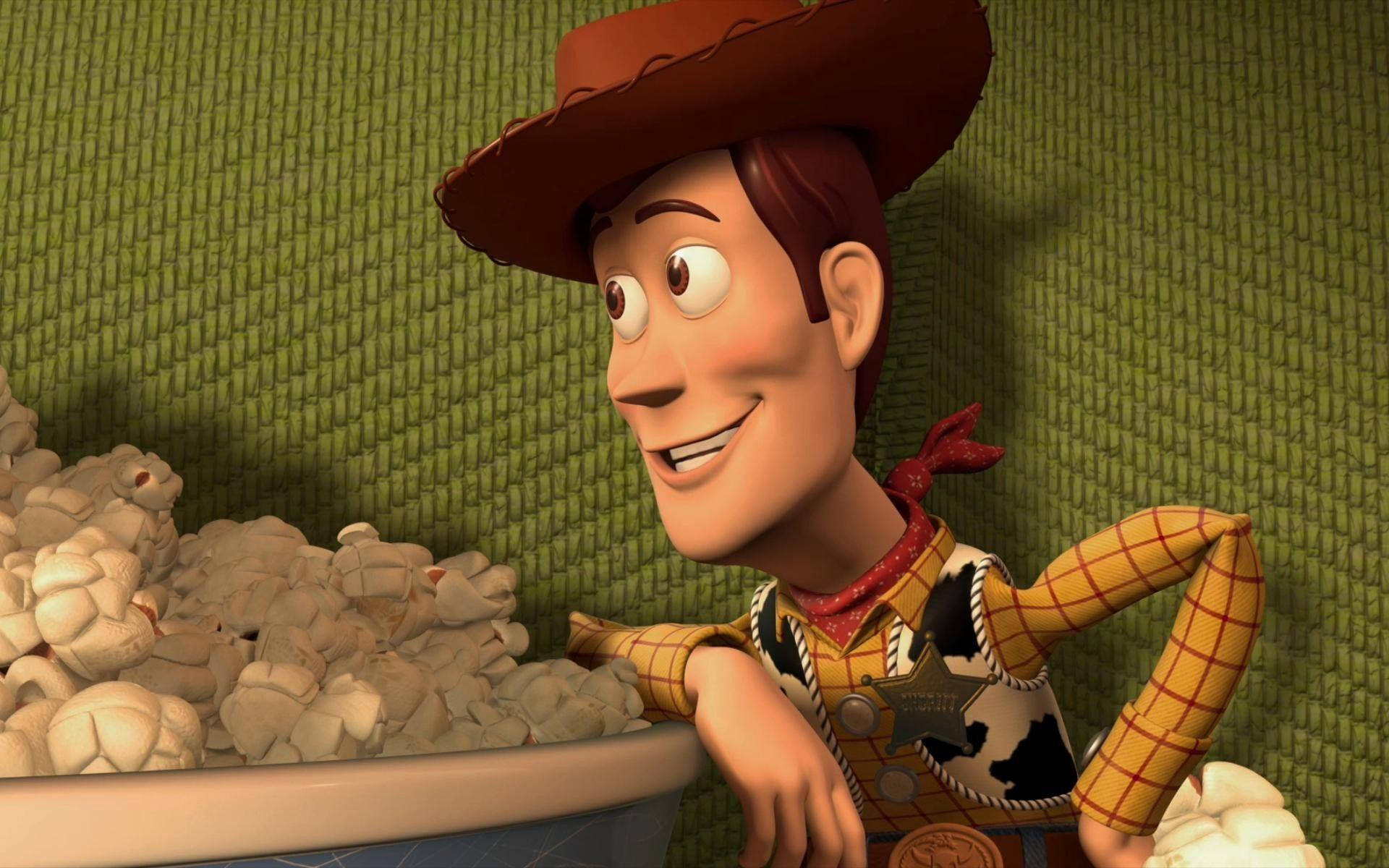 Woody, popcorn, green woven backdrop, Full HD Desktop Wallpaper