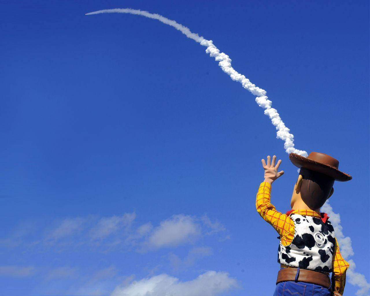 Woody, rocket, bright blue sky, HD Desktop Wallpaper