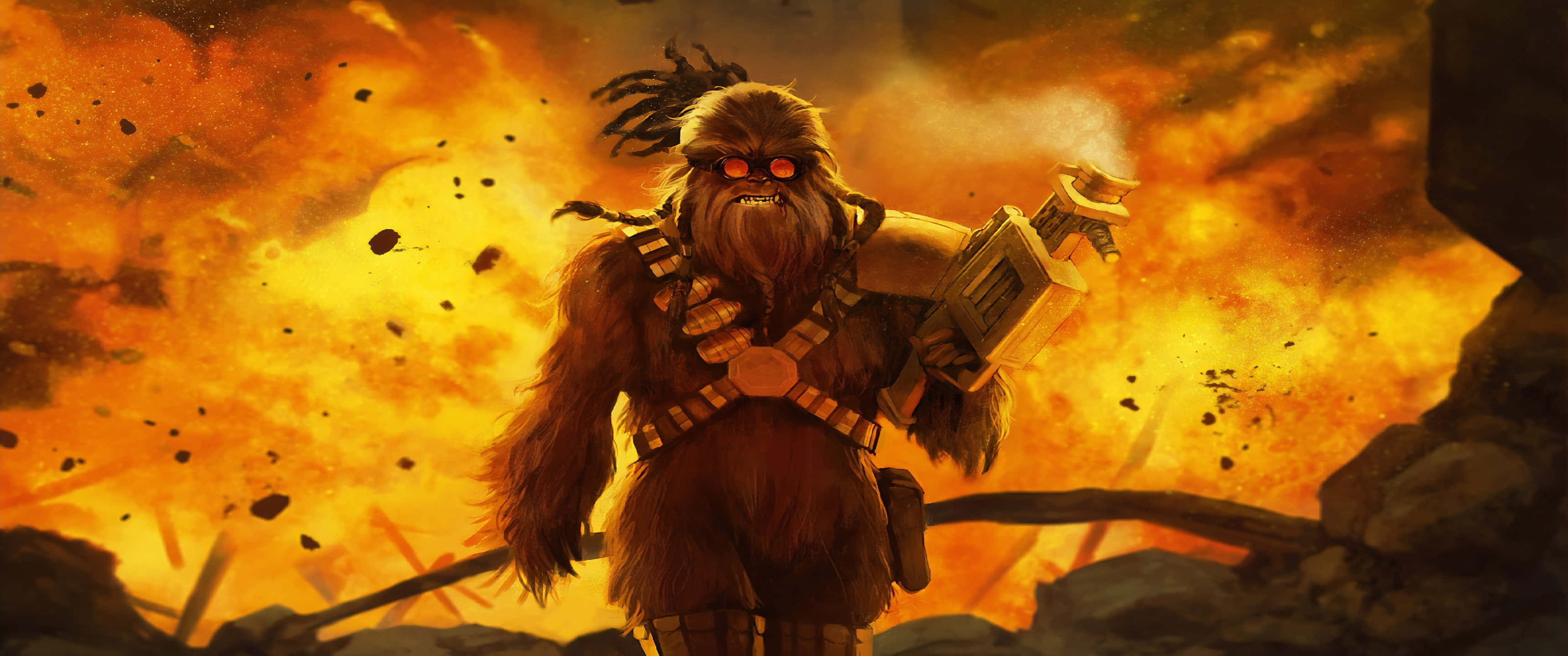 Wookiee warrior, glowing red eyes, explosive orange battlefield, 2K Desktop Wallpaper