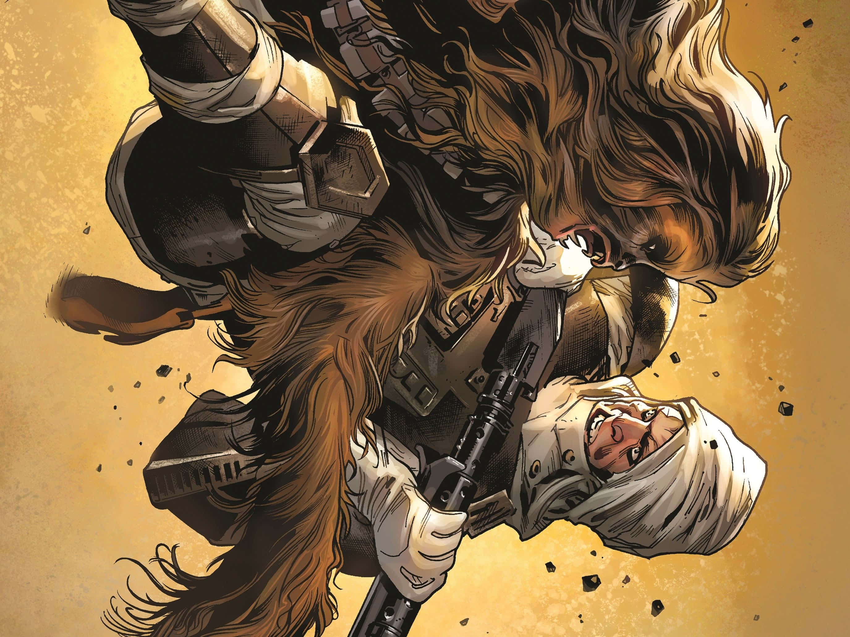 Wookiee, rifle, golden textured background, 2K Desktop Wallpaper