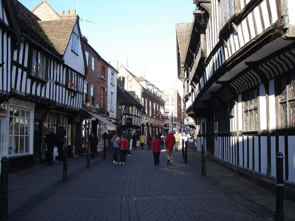 Worcester, historic timber-framed buildings, cobblestone street, SD Desktop Wallpaper