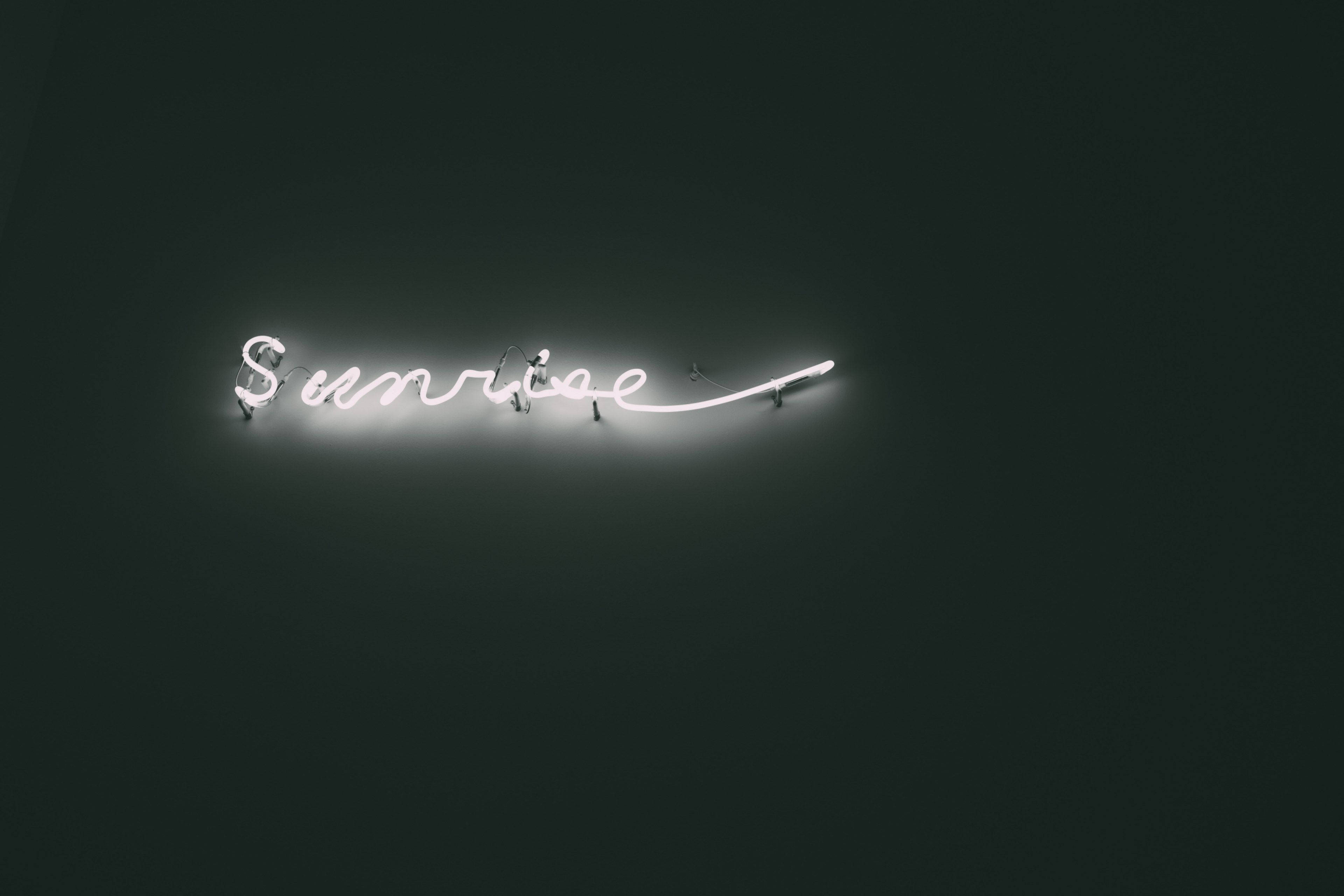 white cursive neon sign, Sunrise, dark green wall, 4K Desktop Wallpaper