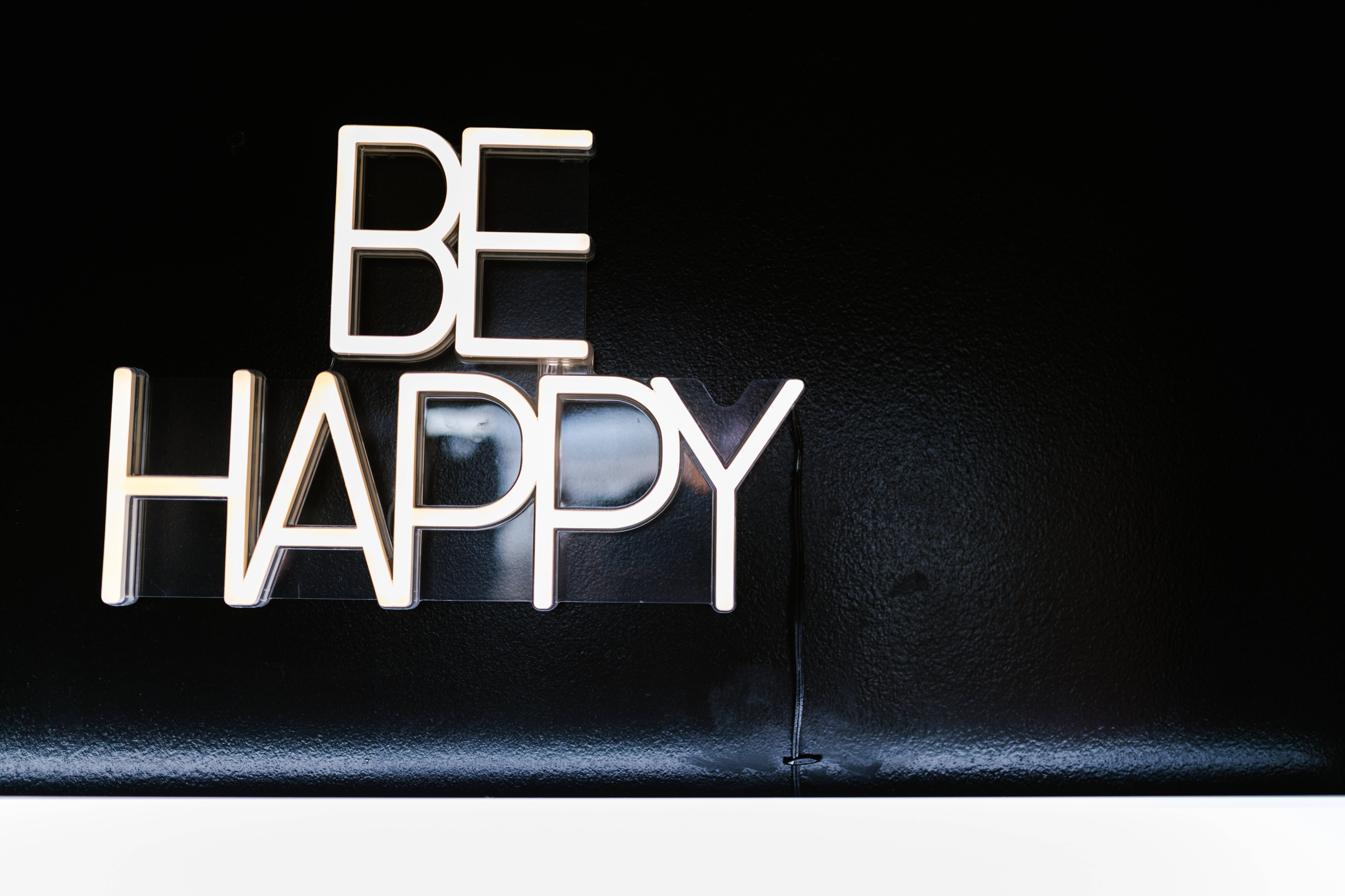 BE HAPPY, white neon aesthetic, 3d letters, 5K Desktop Wallpaper