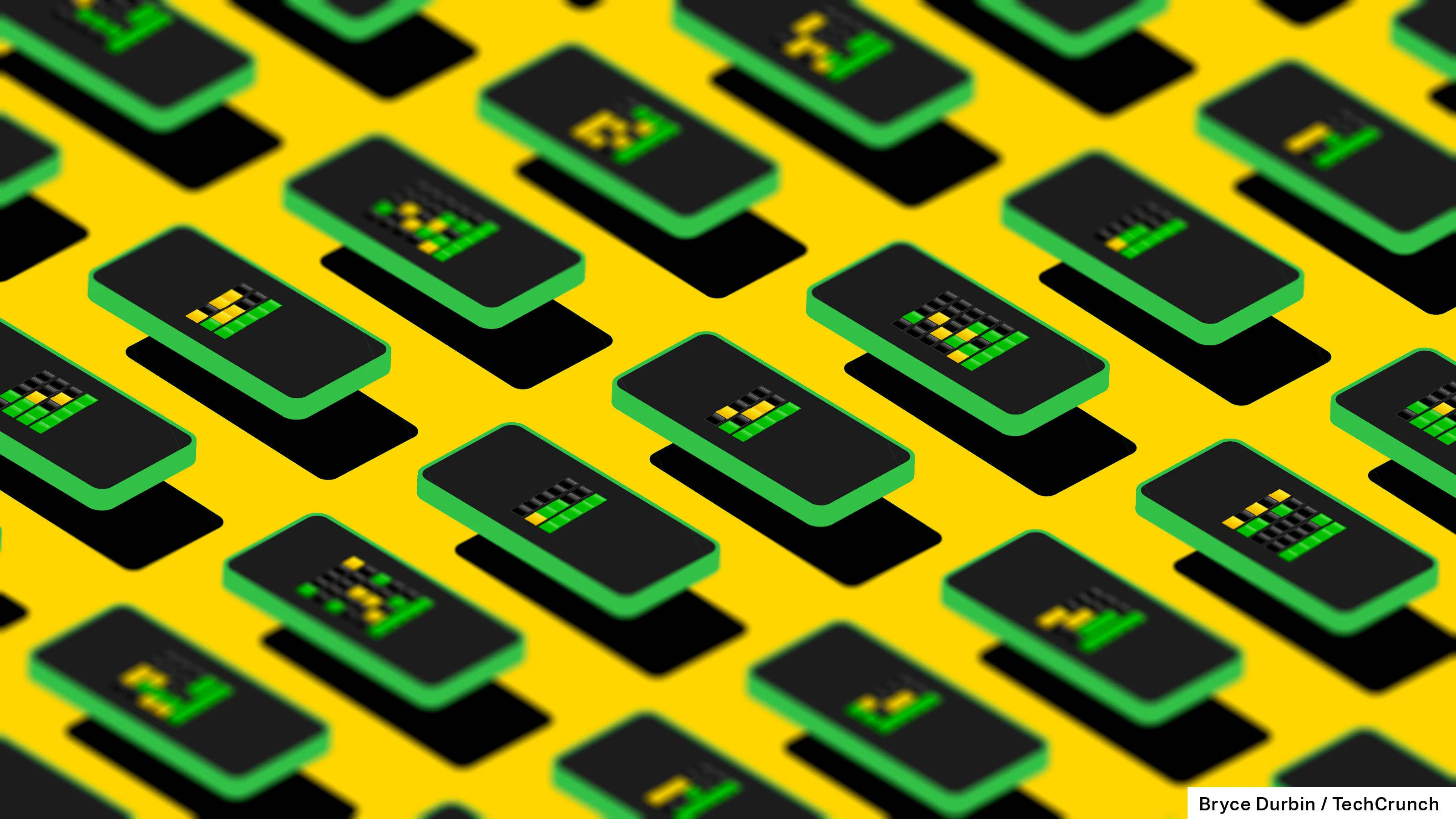 Wordle, yellow background, 3d-rendered smartphones, 2K Desktop Wallpaper