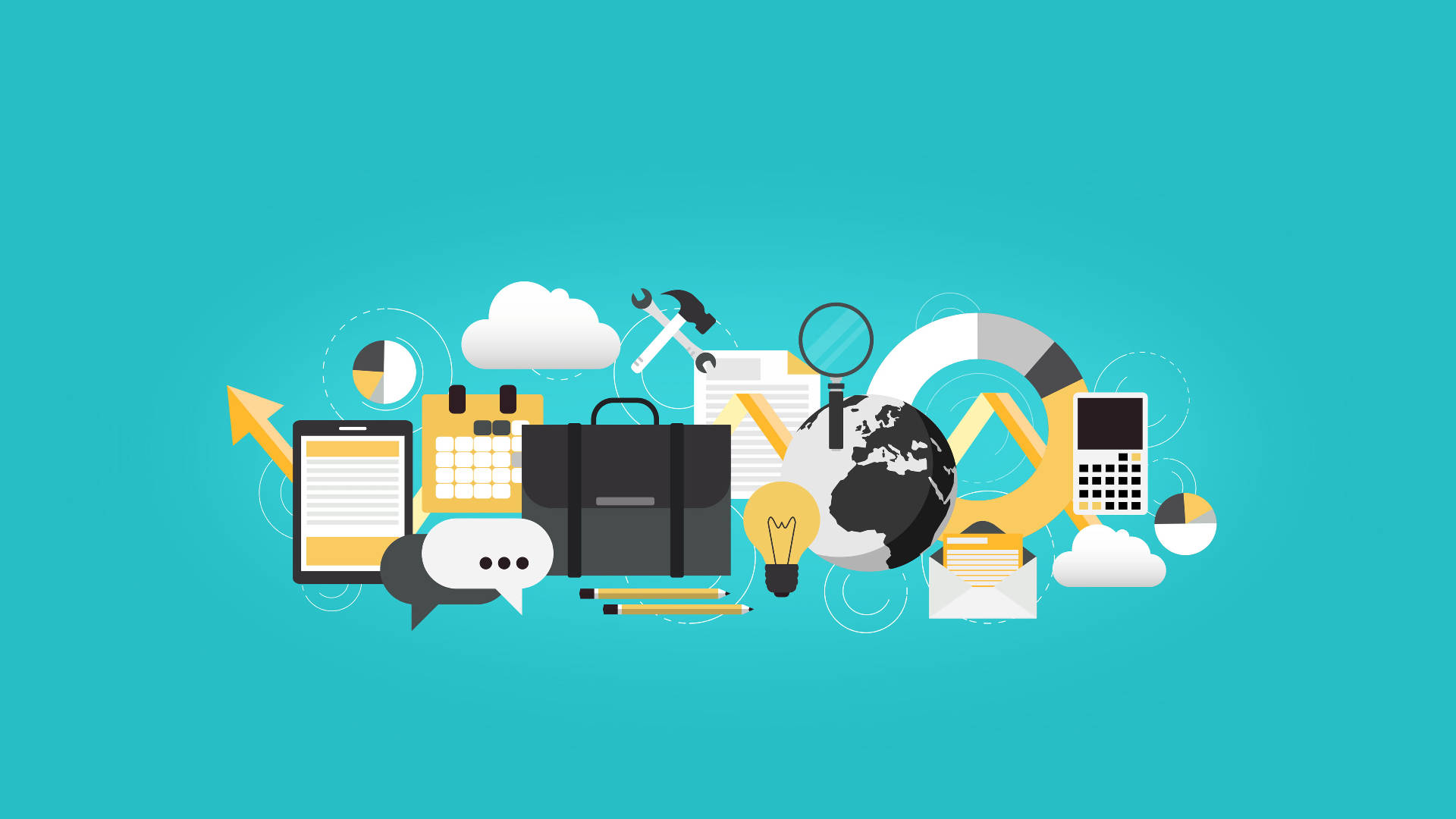 teal background, briefcase, globe, Full HD Desktop Wallpaper