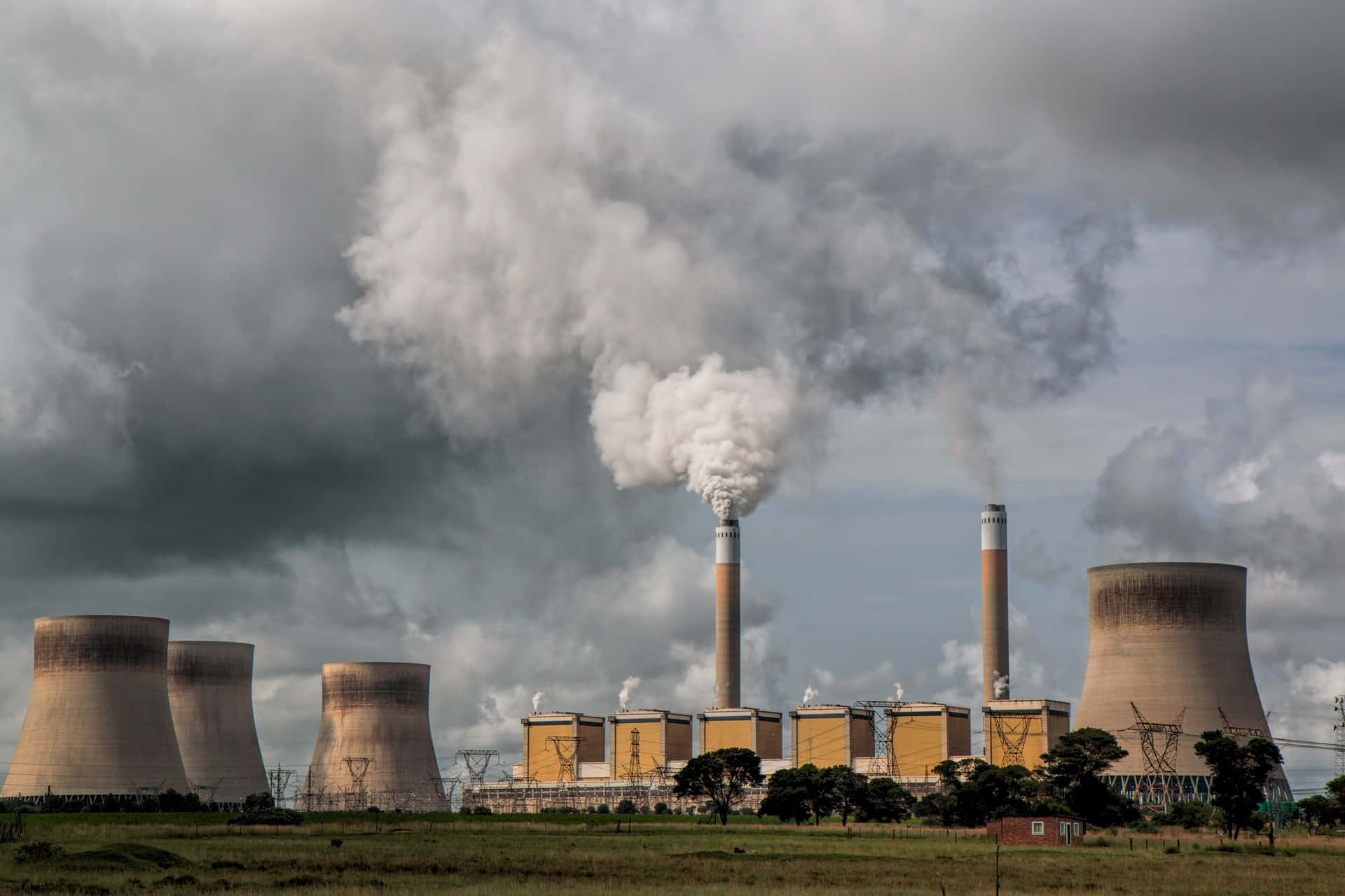 power plant, cooling towers, smokestacks, Full HD Desktop Wallpaper