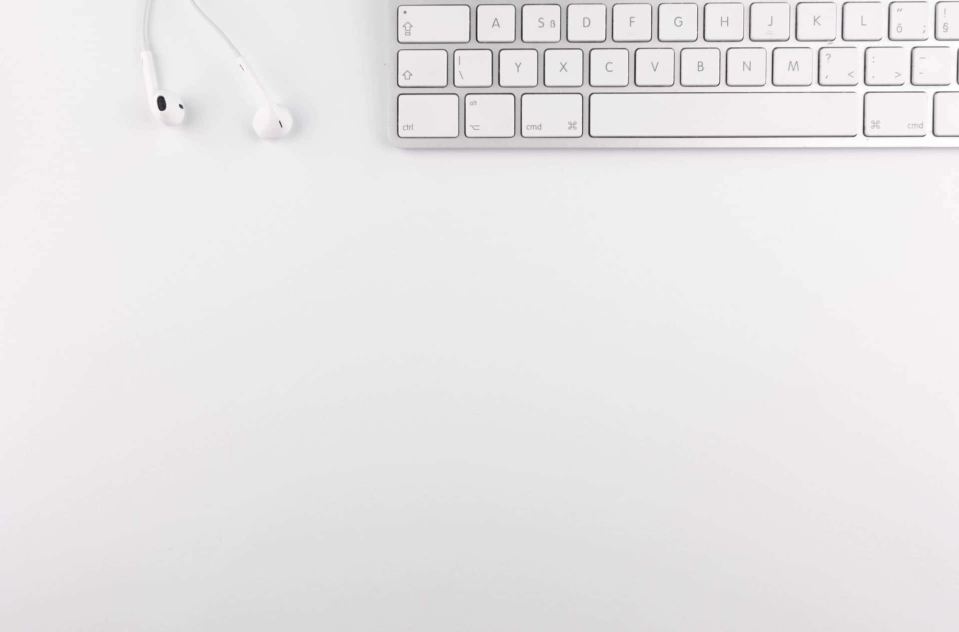 white desk, white earbuds, silver keyboard, Full HD Desktop Wallpaper