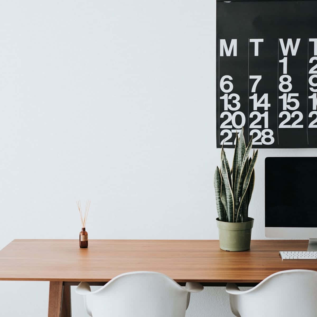 minimalist workplace setup, wooden desk, white chairs, SD Desktop Wallpaper