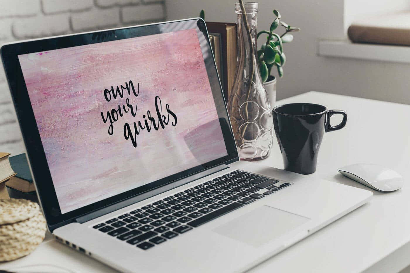 silver laptop, black script, pink watercolor background, HD Desktop Wallpaper