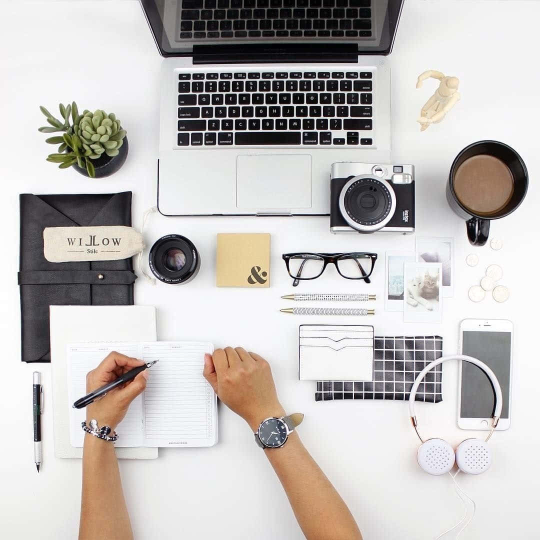 modern workplace, flatlay, minimalist white desk, SD Desktop Wallpaper