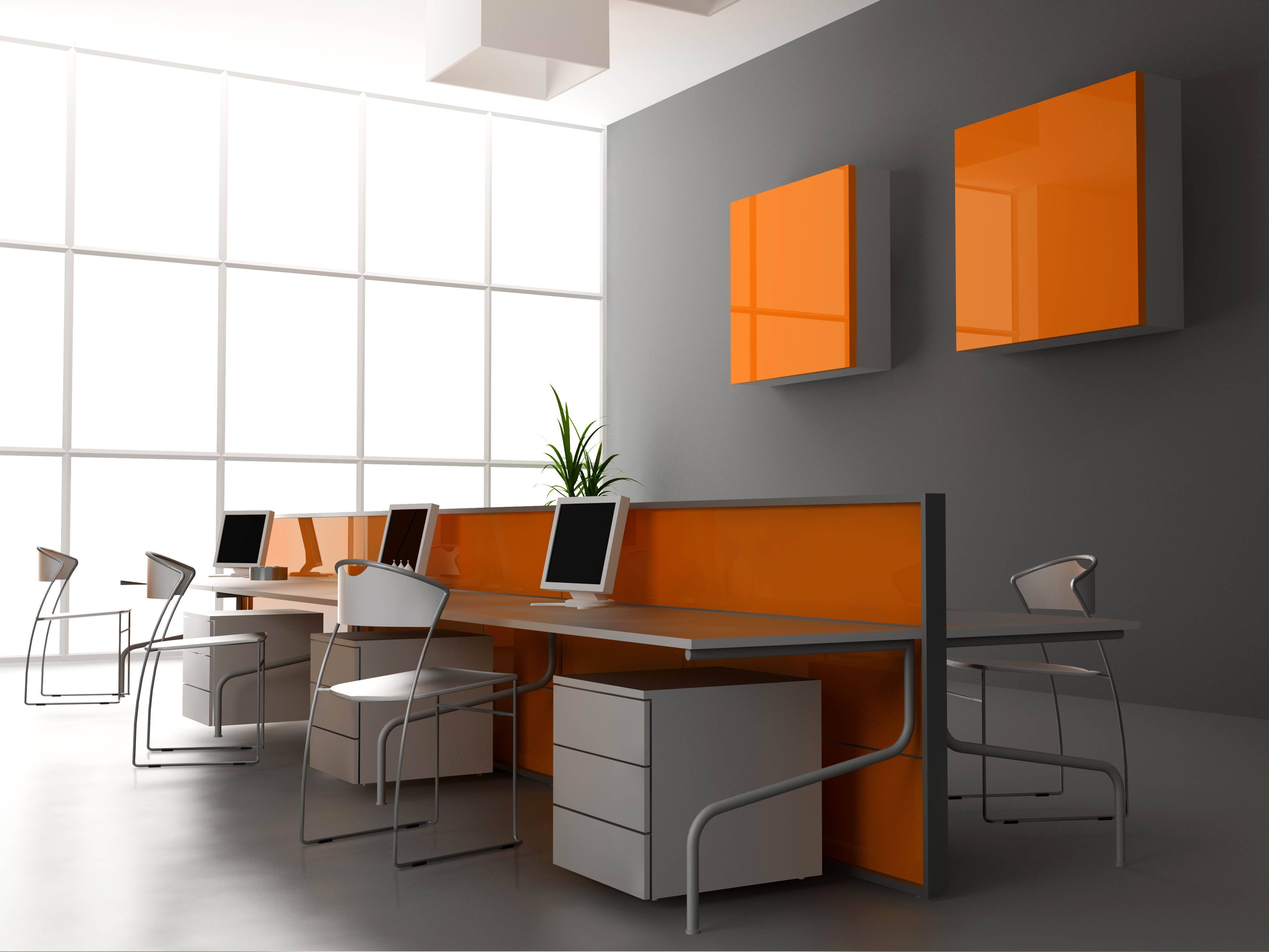 modern minimalist office, sleek gray desks, orange partitions, 4K Desktop Wallpaper