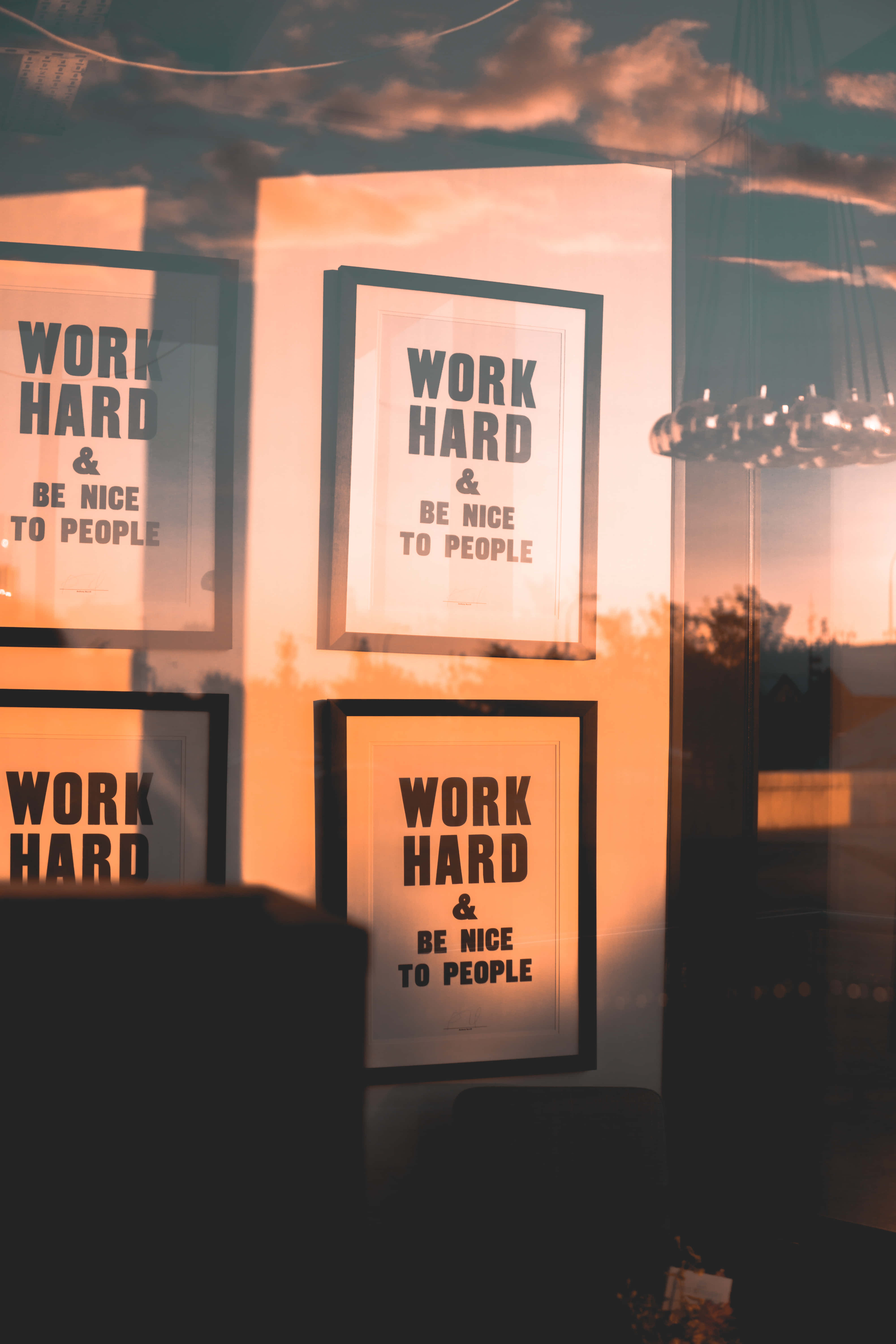 WORK HARD & BE NICE TO PEOPLE, sunset sky, glass, 5K Phone Wallpaper